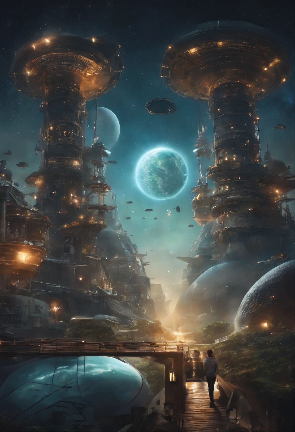 Help me draw a science fiction picture,The theme is science and environmental protection,The whole painting has a starry sky as the background,At the bottom is the Earth,Tall buildings can be seen on Earth、All sorts of garbage,Including hazardous waste、Food waste、Other garbage and recyclables。Above the earth,There is a huge space junk power station in space,The power station is divided into three levels: The upper part of the body, Lower middle part,At the bottom are various pipes,Same with all kinds of garbage,Used for garbage collection;The middle tier is used for garbage disposal,There will be a variety of small robots、Smart devices do all kinds of garbage disposal and conversion,The upper floor is a waste-to-energy power station,and the middle tier is connected through the conversion device,It is used to convert treated garbage into electricity。Waste-to-energy plants will be and earth、Other planets and spaceships、moons、Spaceships and so on are connected,Power supply。This painting is the work of the ,The painting style is simple,Op. A2 paper size,hand painted style,Don't get too complicated,Embodies the characteristics of children's paintings