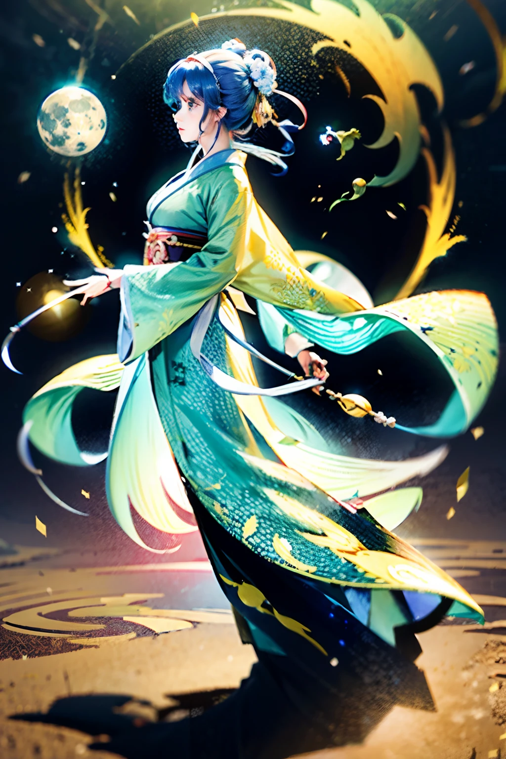 A woman in Hanfu flew in the sky, Behind it is a huge bright moon, Song Dynasty Gongbi landscape painting, rendered in cinema4d, organicflowing form, lunar surface, light yellow and white, wavy resin sheet --ar 3:4
