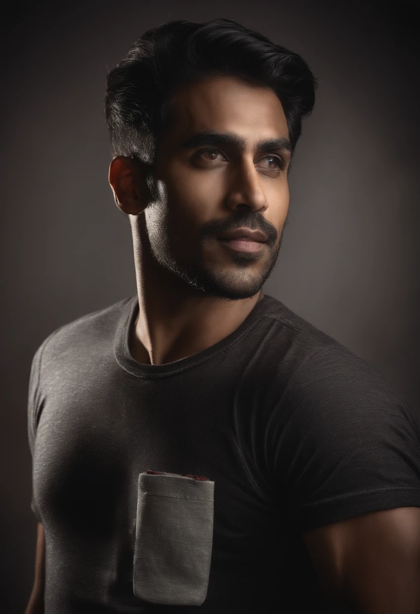 A musician Indian, human textured skin, five foot seven-inch height, lean built, dark complexion, man around 28 years old, natural black hair, distinctive eyes, wearing a black t-shirt , slender and graceful, beautiful, studio setting, ultra sharp focus, realistic shot, Indian male clothes, tetradic colors (scar:1.4)