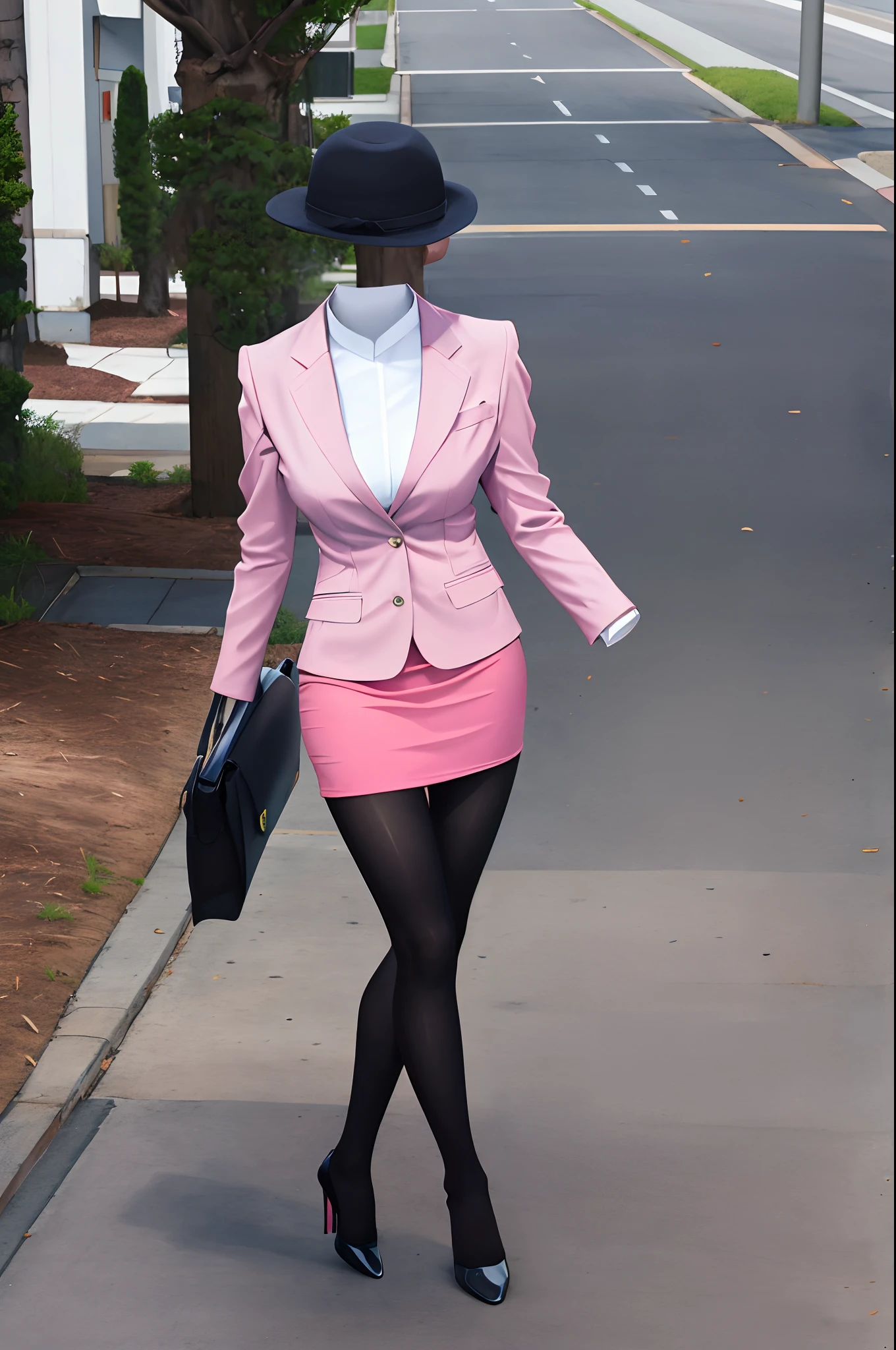 Color Photo, High quality, 4K, 1girl in, Solo, Portrait, full body, business suit, pink suit, pink tight skirt, black tights, high heels, outdoor, office Street