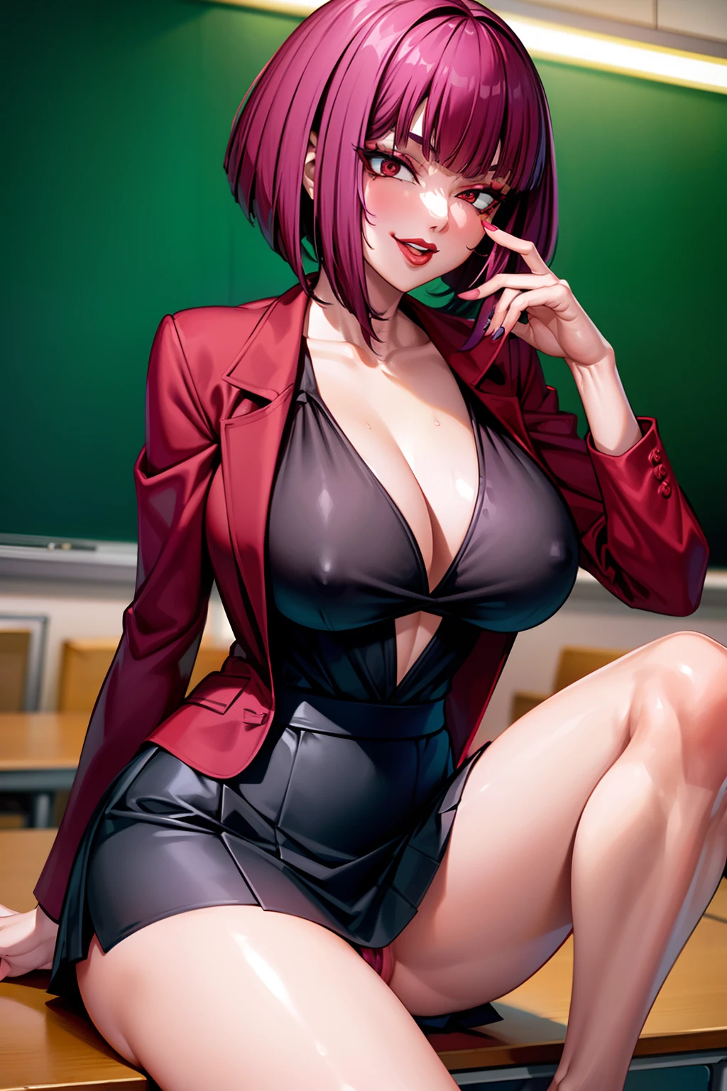 1girl,Oboro, mature female,purple hair, short hair, bangs, eyeshadow, low ponytail, lipstick, makeup, detailed face, red eyes,large breasts, black jacket, white shirt, teacher,suit skirt,office,licking lips,open mouth ,smile, sitting,on table,