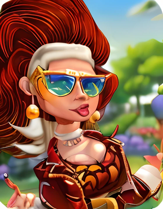 (melhor qualidade, alta resolução), uma mulher de meia idade com (blue sunglasses:1.1) e (camisa vermelha, red jacket with gold zipper:1.1) ultra-detalhado, cinto vermelho com fivela dourada, batom vermelho, cabelos vermelhos longos, smooth and bulky with white scarf, seios grandes, retrato casual, cores vibrantes, soft-lighting, pele lisa, pose elegante, confident expression, relaxed atmosphere