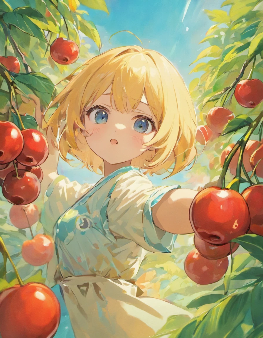 Wallpapers, poster, fruit, (several fresh cherries), moist, summer, blue sky, white clouds, HD Detail, Moist Watermark, Ultra Detail, Movie, Hyper Realism, Soft Light, Deep Focus Bokeh, Ray Tracing, --niji 5