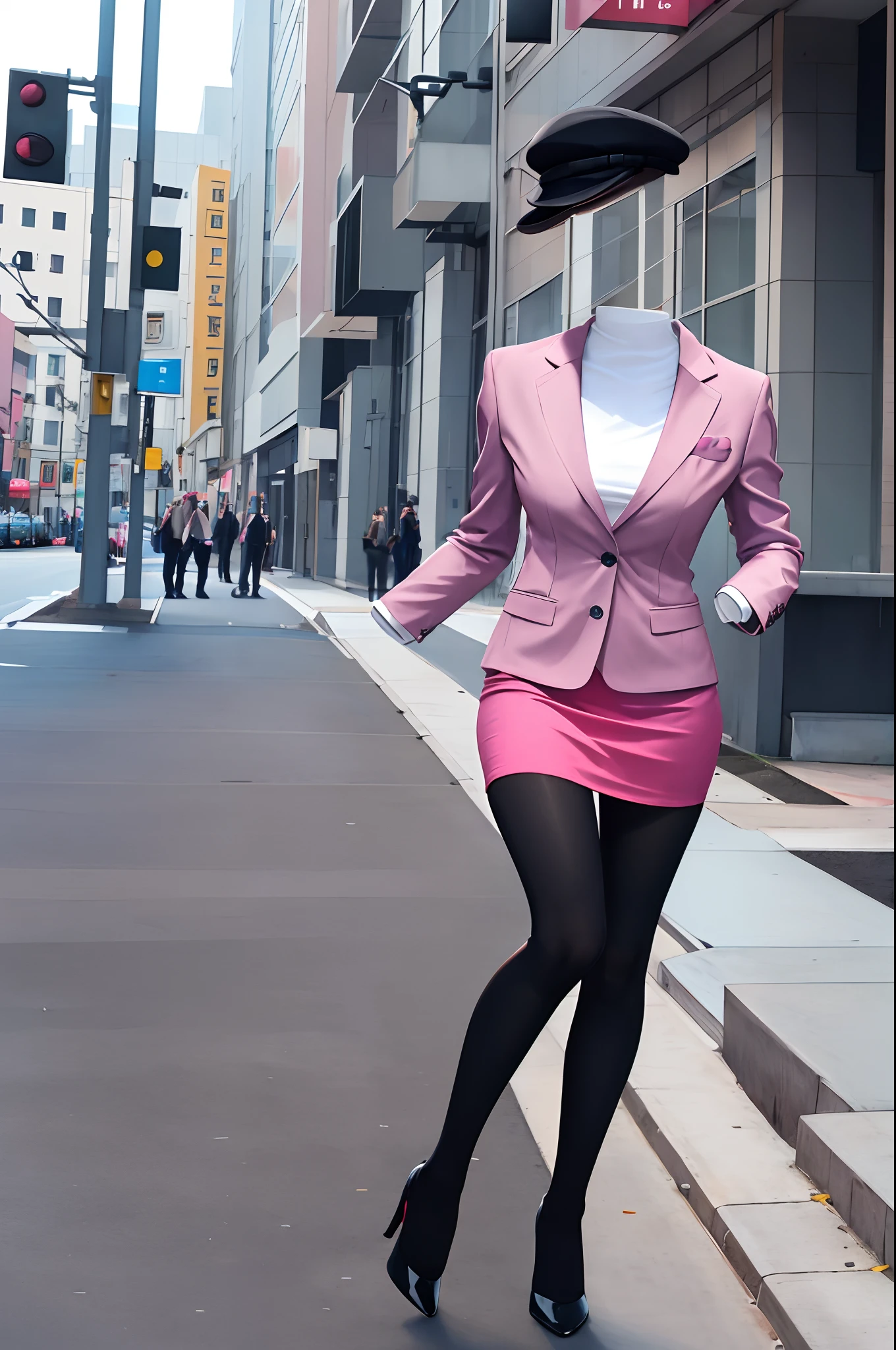 Color Photo, High quality, 4K, 1girl in, Solo, Portrait, full body, business suit, pink suit, pink tight skirt, black tights, high heels, outdoor, office Street