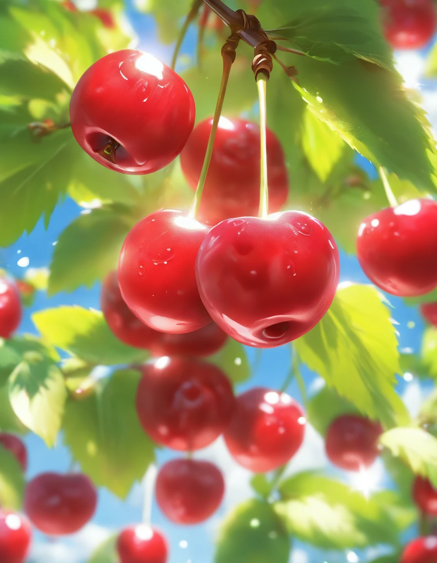 Wallpapers, poster, fruit, (several fresh cherries), moist, summer, blue sky, white clouds, HD Detail, Moist Watermark, Ultra Detail, Movie, Hyper Realism, Soft Light, Deep Focus Bokeh, Ray Tracing, --niji 5