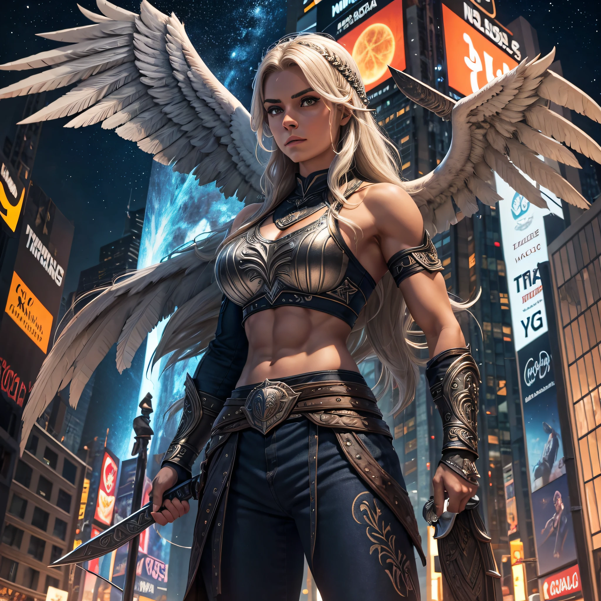 Nordic Valkyrie, longos cabelos dourados, olhos azuis, tall stature with toned muscles, pele branca, long eagle wings on the back, armadura brilhante feita de prata, capacete adornado com runas, no cinto carrega uma espada, em frente a Times Square em Nova York, noite, luz da lua, luzes acessas