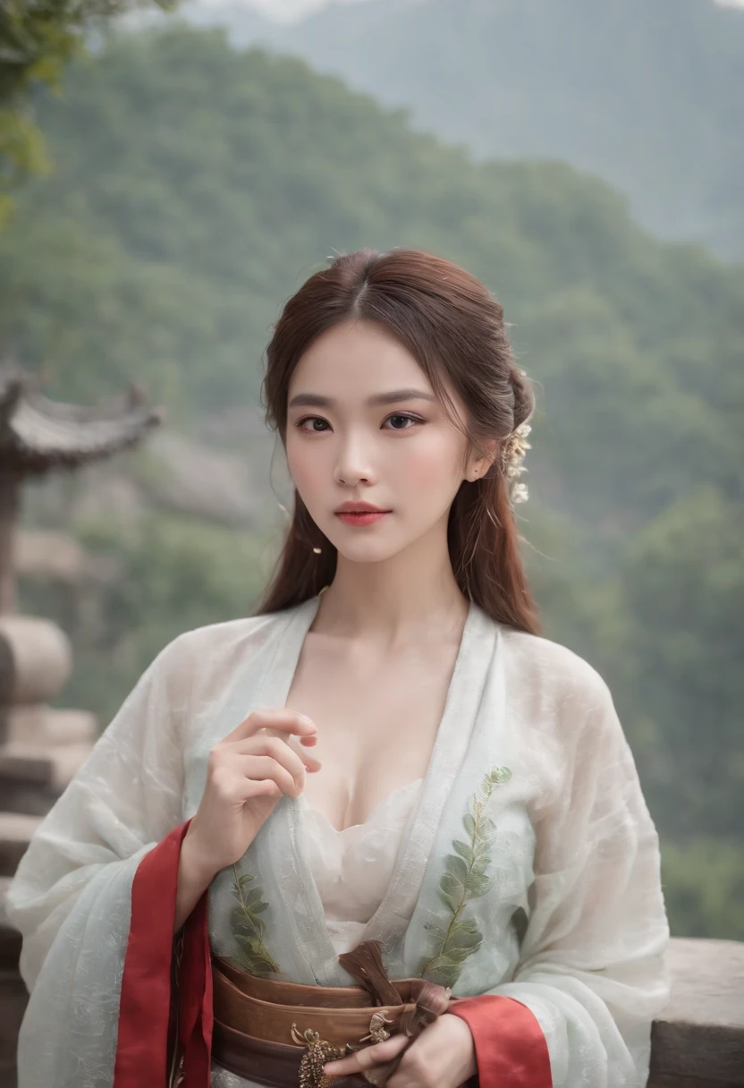 upper body,masterpiece, best quality,(photorealistic:1.4), highres, long hair, jewelry hairpin, large breast, riverside and rock or temple or bridge,
hanstyle, han clothing, hanfu, see-through,