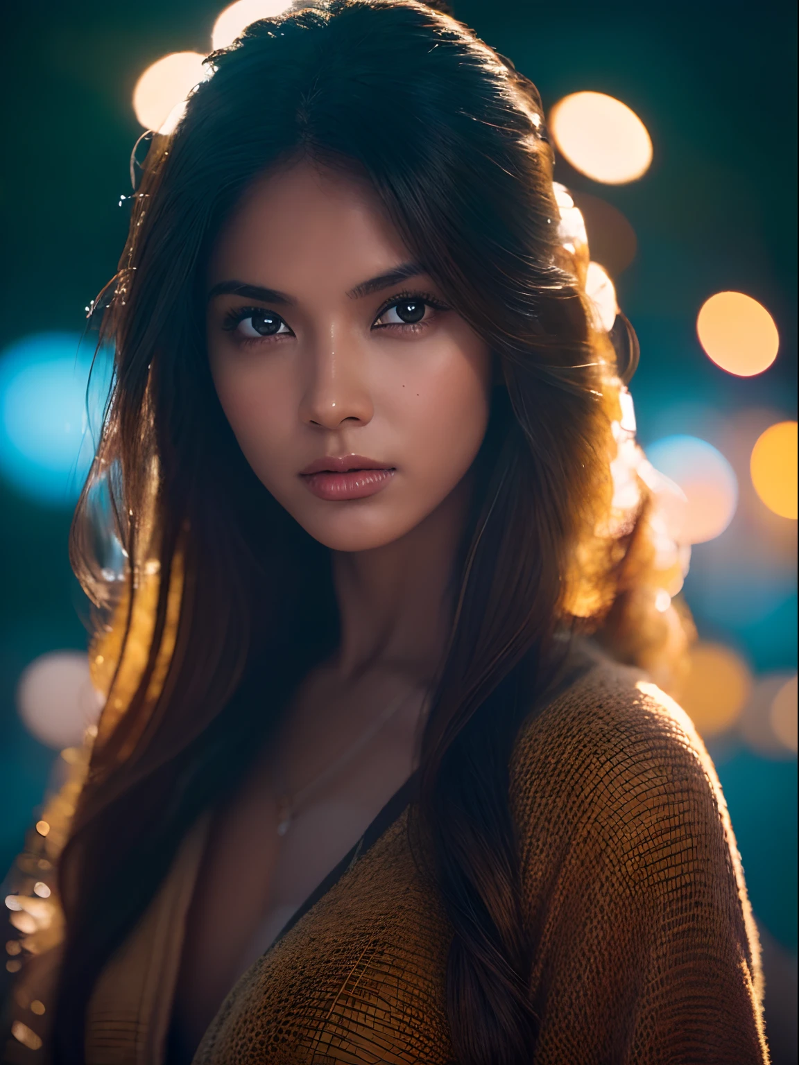 A photorealistic portrait of an incredibly beautiful tanned Brazilian model with light makeup, Photo for the cover of a fashion magazine, Highly detailed honey eyes, Realistic symmetrical face detailed, Extremely detailed natural texture, Fishing soft toys, messy windy hair, sexy, Master part, Absurde, award-winning photo by Lee Jeffries, Nikon D850 Photographie de stock de films, Kodak Portra 400 F1 Camera.6 lentilles, extremly detailed, Amazing, finedetail, couleurs riches, Hyper realistic texture, dramatic lighting, unrealengine, Tendances sur ArtStation, cinestill 800 tungsten, Regarder le spectateur, photo realist, Photo RAW, TanvirTamim, highly quality, Haut, mise au point nette, extremly detailed, lighting cinematic, 8K UHD,-imaginer- --auto