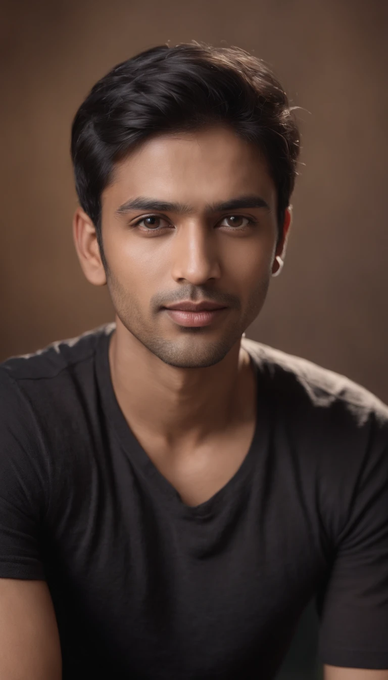 A musician Indian, human textured skin, five foot seven-inch height, lean built, dark complexion, a man around 28 years old, natural black hair, distinctive eyes, wearing a black t-shirt , slender and graceful, beautiful, studio setting, ultra sharp focus, realistic shot, with a guitar tetradic colors (scar:1.4)