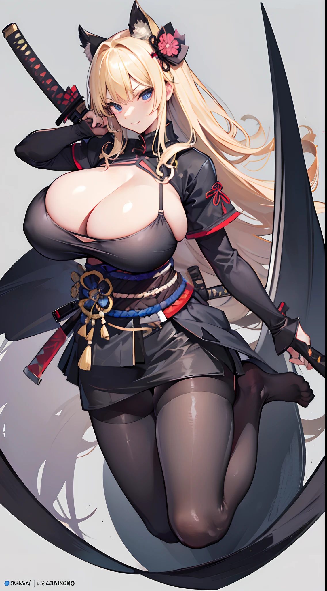 No shoes,Black pantyhose,(gigantic cleavage breasts:1.5) solo person, Solo,your toes,japanese samurai armor,Blonde curls,Full body like,katana swords,grin face