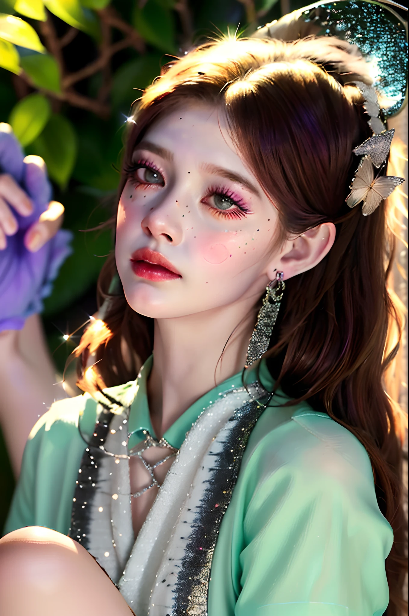 Fae Testic,Fairy, green skin, grassy skin, textured skin, large ears, elfin ears, Chinese eyes, slender eyes, purple eyes, wings-fairy, sparkling wings, sunflower wings, releasing glitter, surrounded by purple glitter, slender legs, monster legs, insect-like monster legs,, wearing a t-shirt, formal shirt, short-sleeved formal shirt, short-sleeved pom-pom style formal shirt, short-sleeved light brown striped formal shirt, dreamy look, shiny dreamy look, with lip piercings, lip piercings on the sides, small nose, animalistic nose, small animalistic nose, eyebrows, arched eyebrows, dark eyebrows, arched dark eyebrows, long hair, wavy long hair, yellow wavy long hair, burnt yellow hair, long fingers, witch-like hands, holding hands, holding a white brownie, small French pastry, light freckles, facial freckles, green facial freckles, moss-green facial freckles, leaf-green facial freckles, medium neck, feminine neck, tall neck, shoulders, low shoulders, drooping shoulders, slender shoulders, medium-sized body, hourglass figure, feminine woman, genius woman.