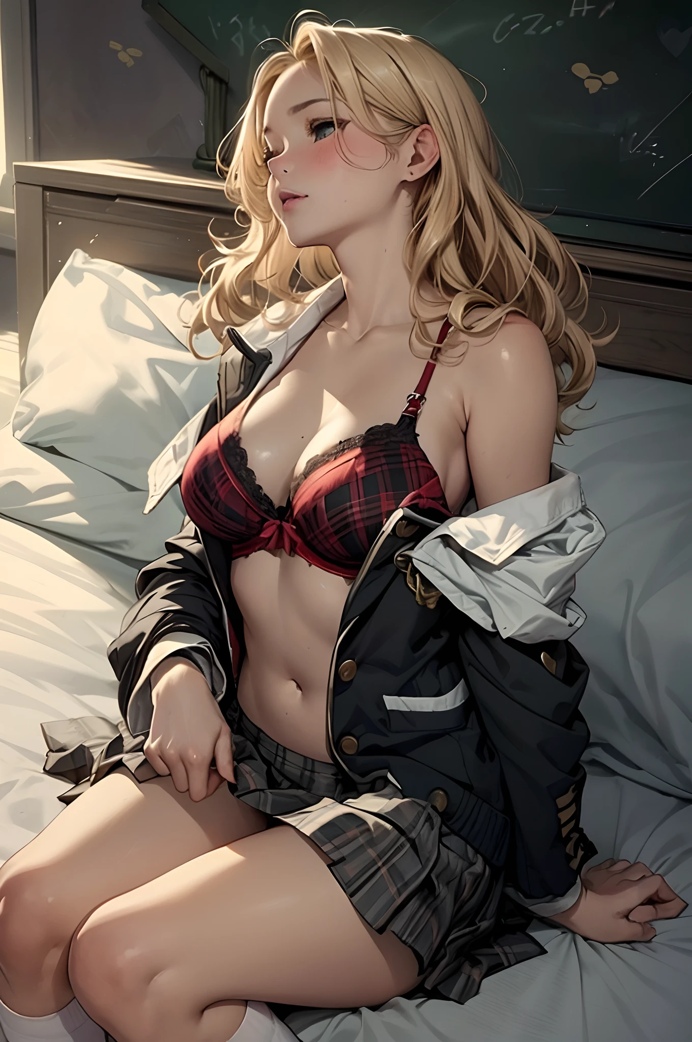 sexy,nose blush,
dutch angle,(anatomically correct),(best quality),(masterpiece),skin texture,
light tanned skin,solo,woman,(wavy hair,blonde),
(school uniform),(black-Blazer),(red plaid skirt),baggy bra,baggy socks,off shoulder,open clothes,
down blouse,down shirt,
bedroom,