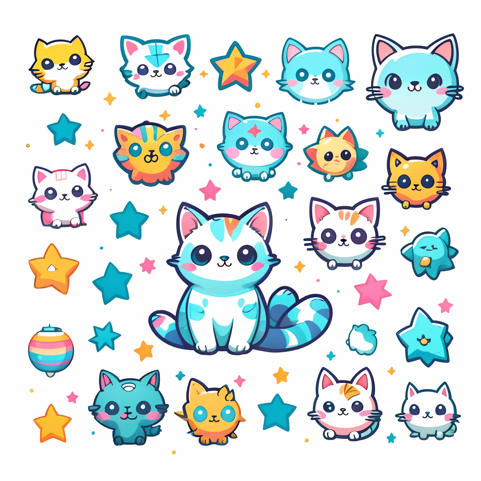 1 sticker, sticker, (cute, cat), stars, white background, no background, simple background, minimal, cute, tiny, pastel color, vector style, no gradient,