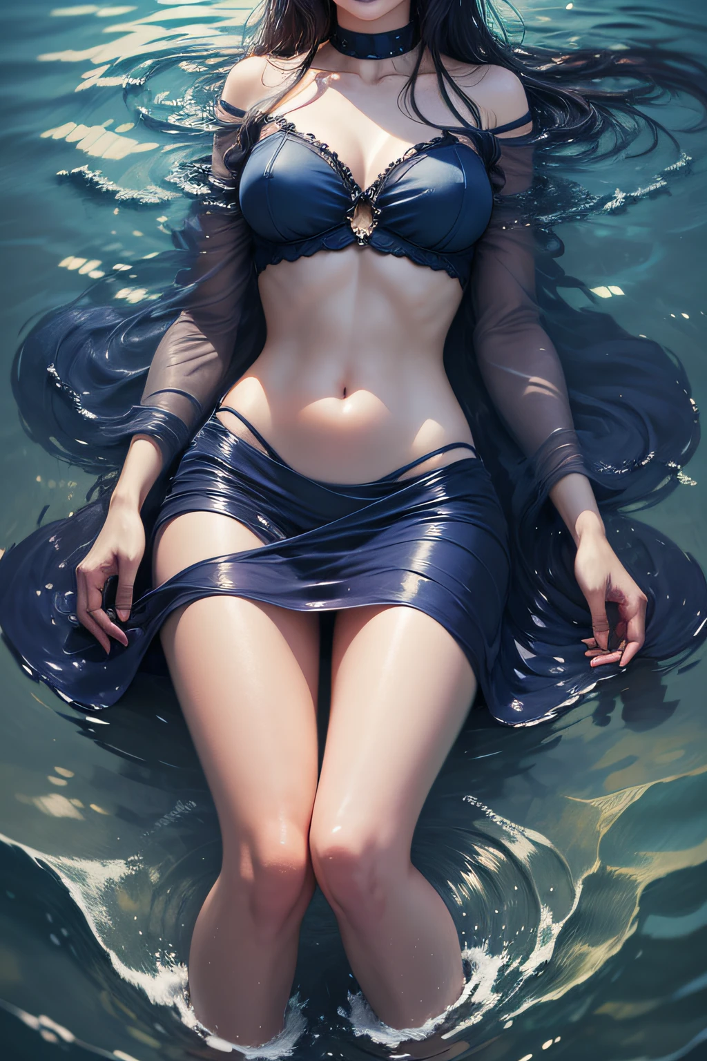 girl in water, night, blue, her hair in the water, portrait mod, dark blue, full body, details, high quality