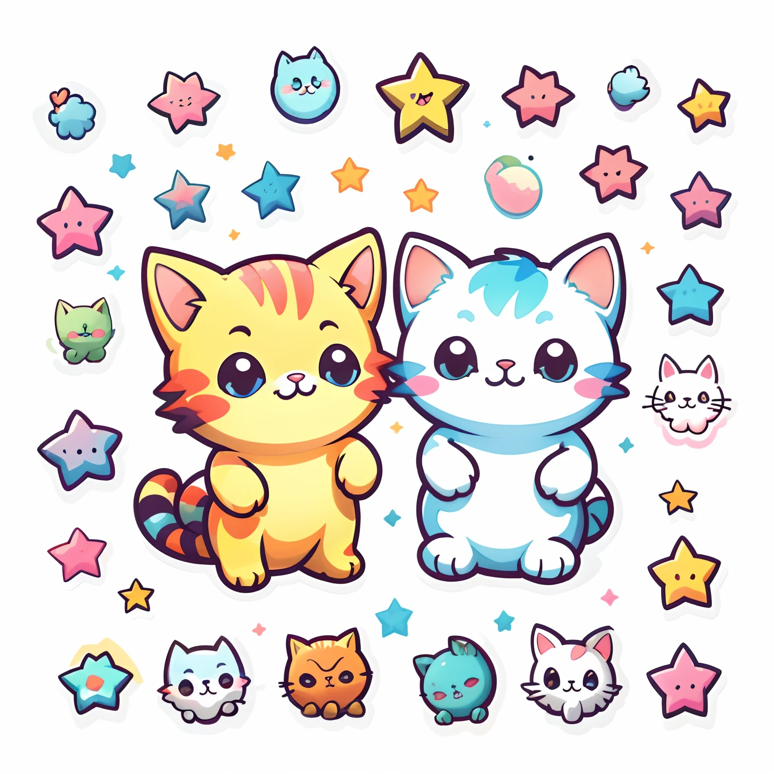 1 sticker, sticker, (cute, cat), stars, white background, no background, simple background, minimal, cute, tiny, pastel color, vector style, no gradient,