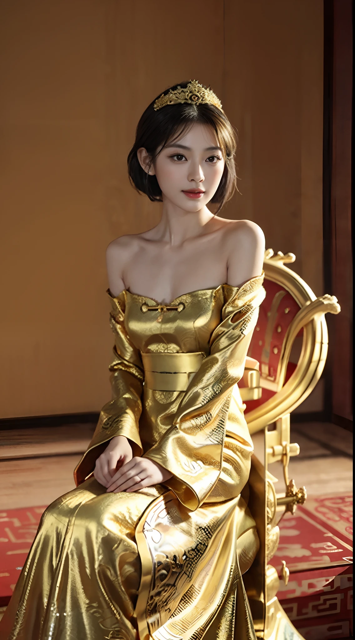 small head, (perfect bodies: 1.1), (short-length straight black short hair: 1.2), （极其细致的CG 8k壁纸），（Extremely refined and beautiful），（masterpiece），（best qualtiy：1.0），（超高分辨率：1.0），[A high resolution]，cheerfulness，Smile，Smooth and flawless fair skin，ultra - detailed,(Small breasts:1.1),Flat chest,Slim,thin,(gorgeous golden Chinese Dragon style empress Evening long Dress:1.4),jewels,Luxury Chinese Palace Background，from front，(Close shot:1.3),cowboy shot,(Portrait above the chest:1.3),bare shoulder,shoulder off,(Sitting upright on the throne:1.5)