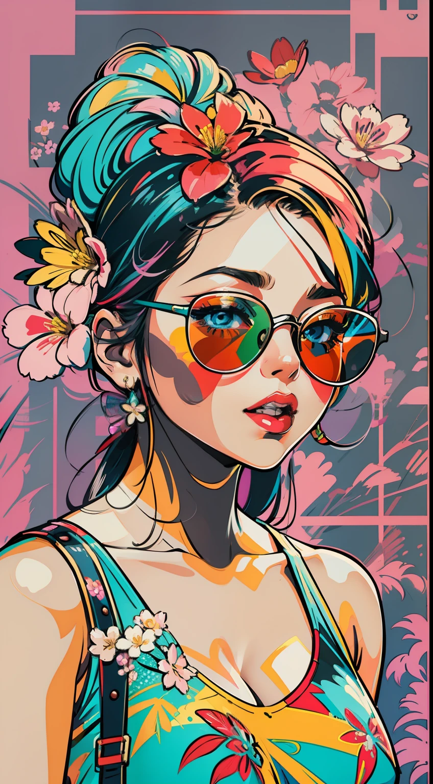 Create digital artwork in the Pop Art style, Featuring a vibrant and confident young Asian girl，street fashion, Movie color scheme, Surrounded by vintage flower motifs, Vibrant brushstrokes,Emotions should be dynamic, Upper body, Drawing, illustration, escala cinza, tropical, Many flowers,