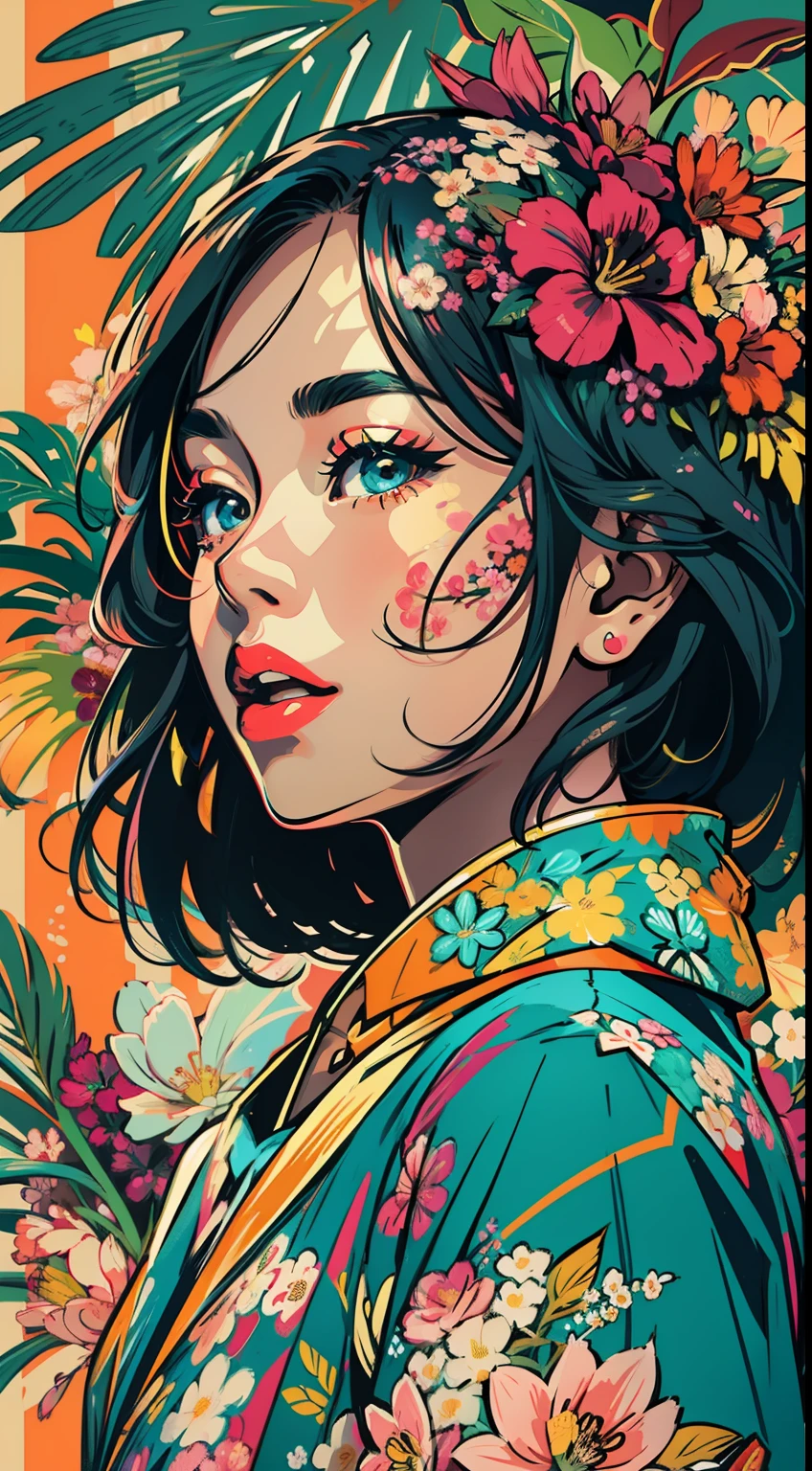 Create digital artwork in the Pop Art style, Featuring a vibrant and confident young Asian girl,street fashion, Movie color scheme, Surrounded by vintage flower motifs, Vibrant brushstrokes,Emotions should be dynamic, Upper body, Drawing, illustration, escala cinza, tropical, Many flowers,