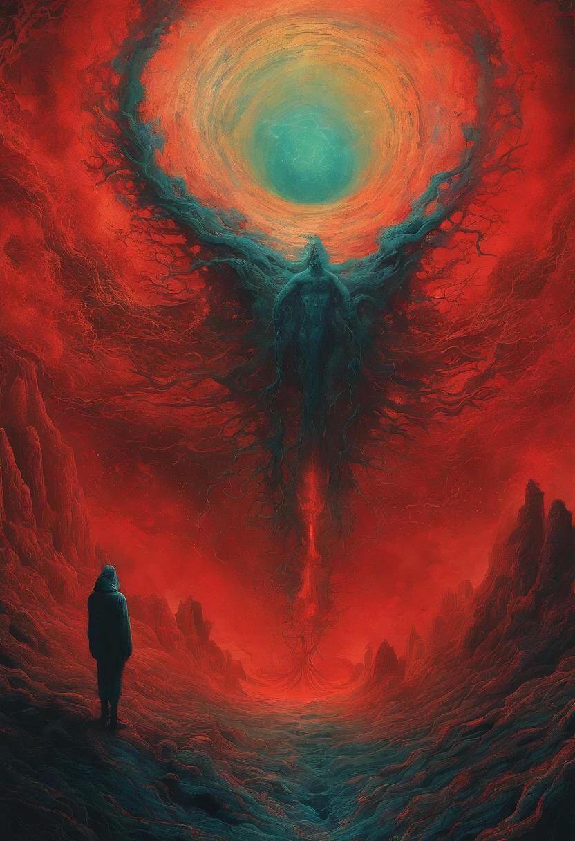 mythological creatures, author:Zdzislaw Beksinski和Van Gogh, album covers, romatic, surrealism, Futuristic ,satan, coral, wizard, abstracted, Dark, Red, hell, landscape