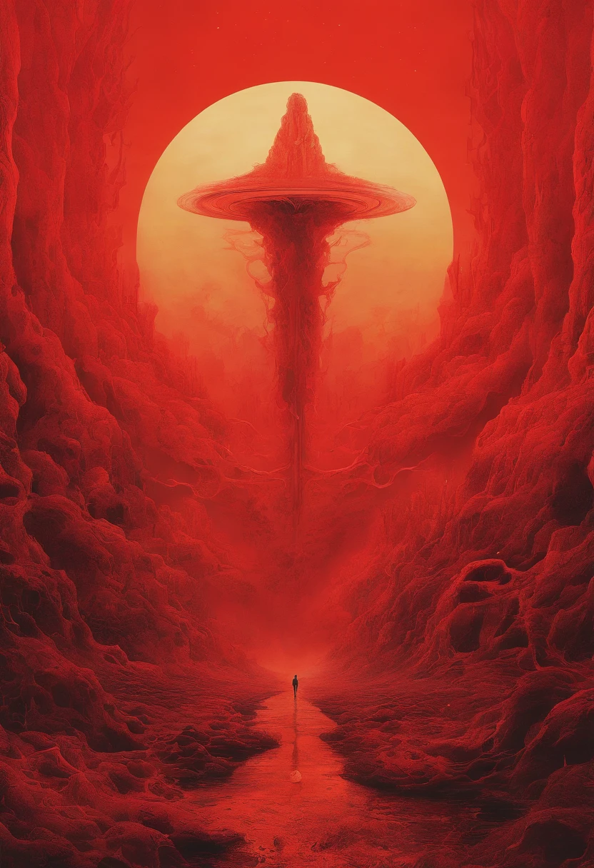 mythological creatures, author：Zdzislaw Beksinski和Van Gogh, album covers, romatic, surrealism, Futuristic ,satan, coral, wizard, abstracted, Dark, Red, hell, landscape