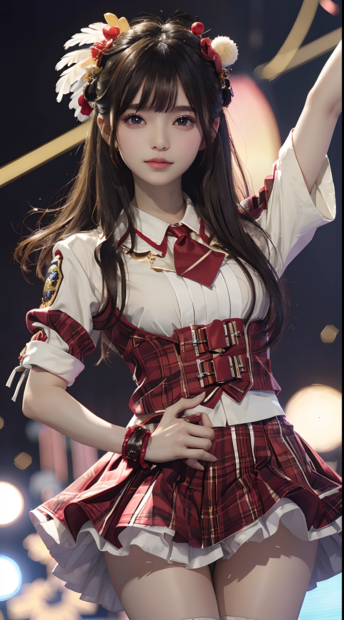 masterpiece、1 Beautiful Girl、A detailed face、A detailed eye、Detailed skin、Detailed hand、top-quality、Illuminated from the front with bright lighting、profetional lighting、Facing straight ahead、The background is a little blurry、The costumes are idol costumes like AKB48(Check short skirt、Jacket feather hair ornament、Cute tie)、Trendy Korean Cosmetics、Amazing smile、Dancing on a live stage、
Some of the costumes and hair ornaments are red、
Hairstyle is long hair、
Age is 18 years old、
Left arm spread wide、
The color of the eyeball is black、
