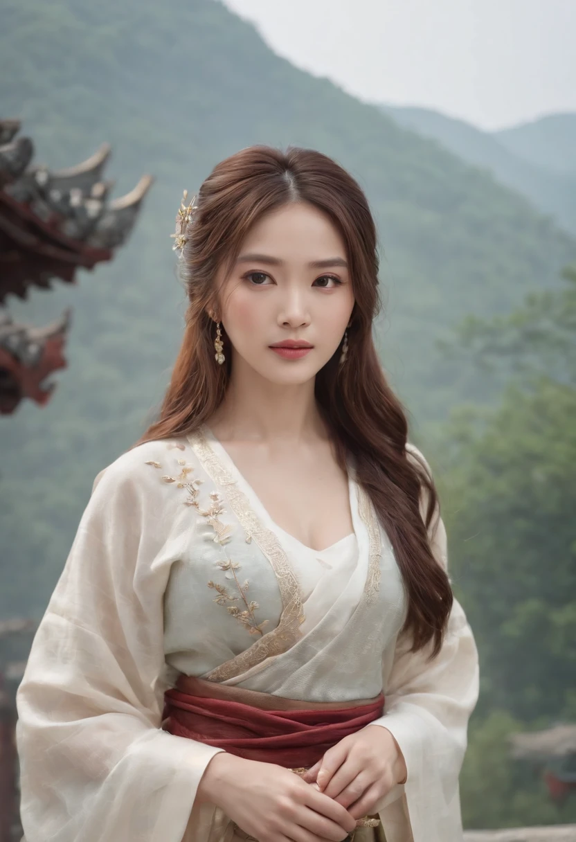 upper body,masterpiece, best quality,(photorealistic:1.4), highres, long hair, jewelry hairpin, large breast, riverside and rock or temple or bridge,
hanstyle, han clothing, hanfu, see-through,