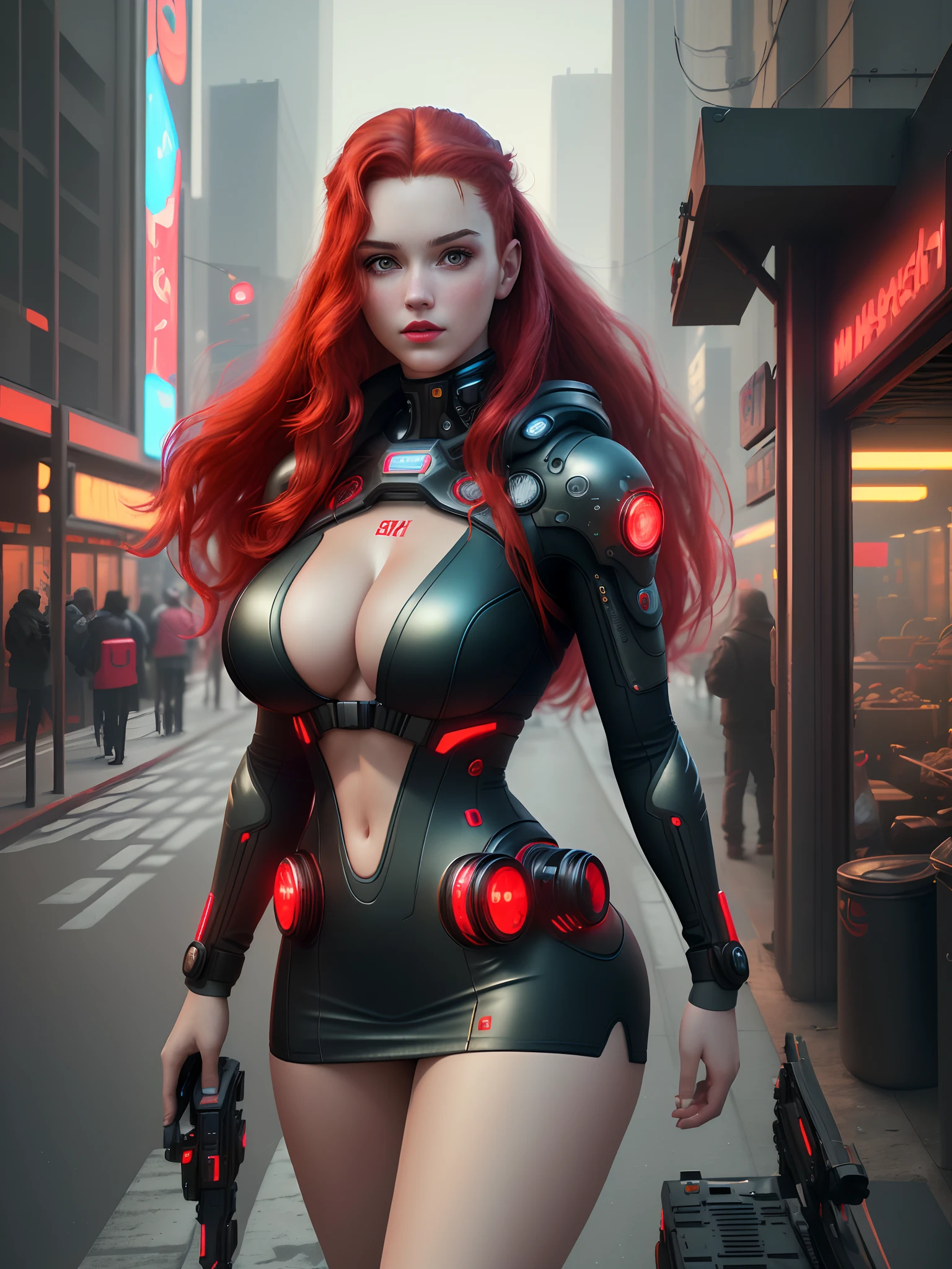 (best quality,8k,highres,masterpiece:1.2),ultra-detailed,(realistic,photorealistic,photo-realistic:1.37),cyberpunk objects,1girl,perfect body,big breast,red hair color ,long hair,beautiful faces,red lips,tide dress,futuristic lighting,cyberpunk style,neon colors, focusing on face features, big butt