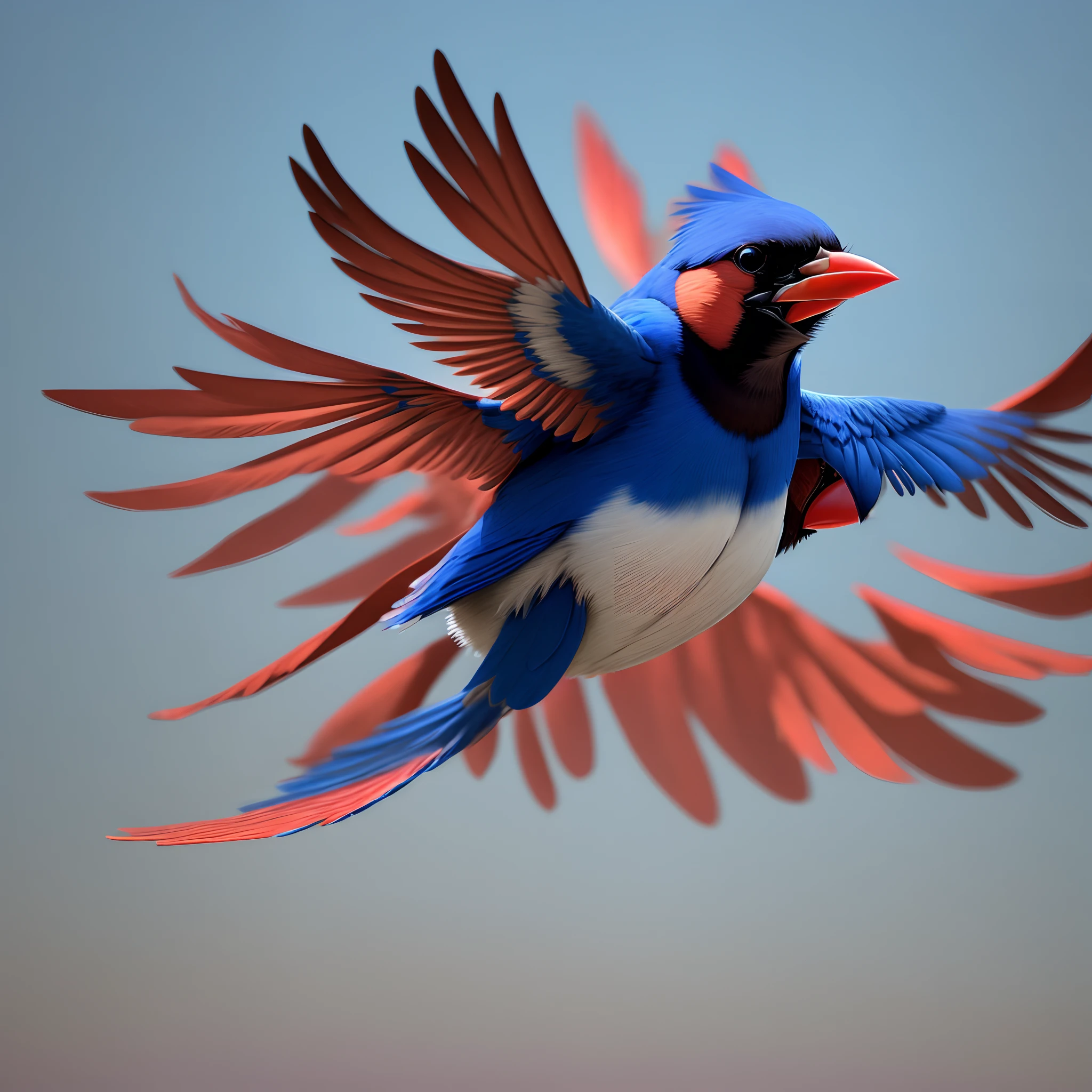 A blue cardinal mid flight