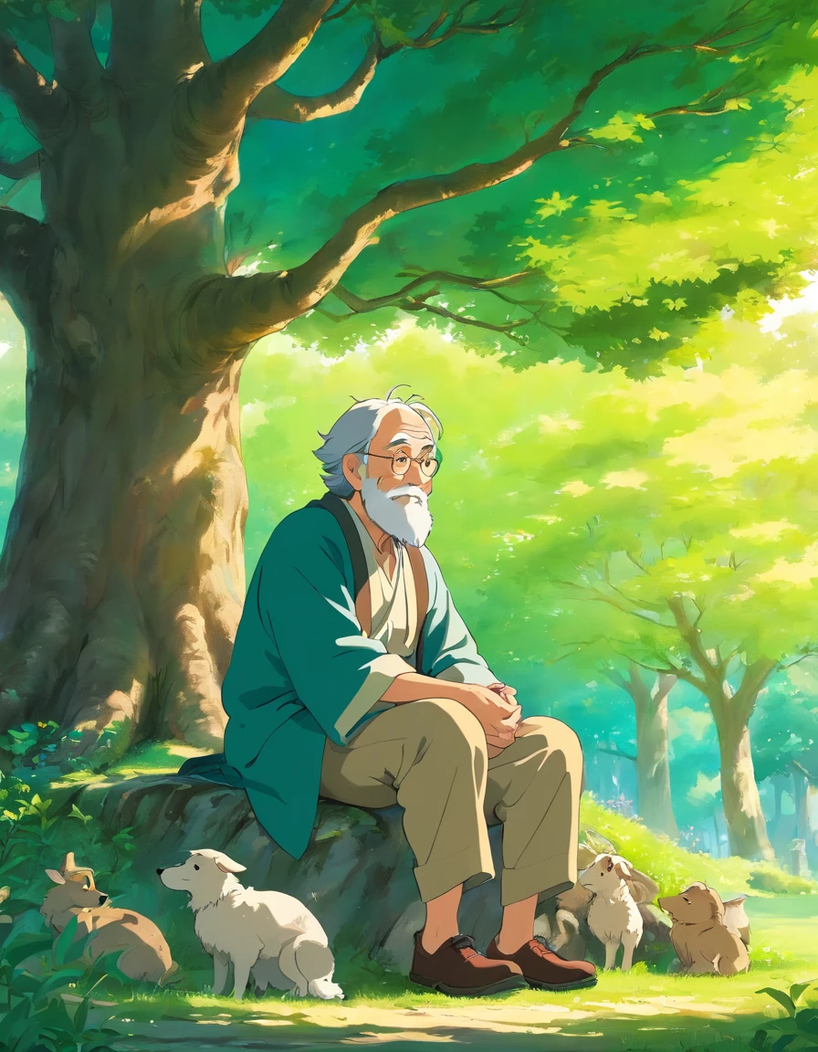 old man shepherd siting under the tree with emotions in studio Ghibli style