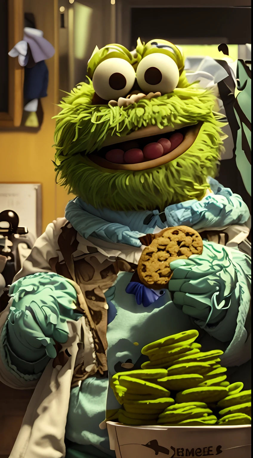sesame the cookie monster is sitting in a basket with cookies, green Cookie Monster, green cookie monster as a bond villain, sesame street, mr. bean depicted as a muppet, as a muppet, jacksepticeye as a muppet, saul goodman as a muppet, cookies, therookies, ❤🔥🍄🌪, lionel messi as a muppet