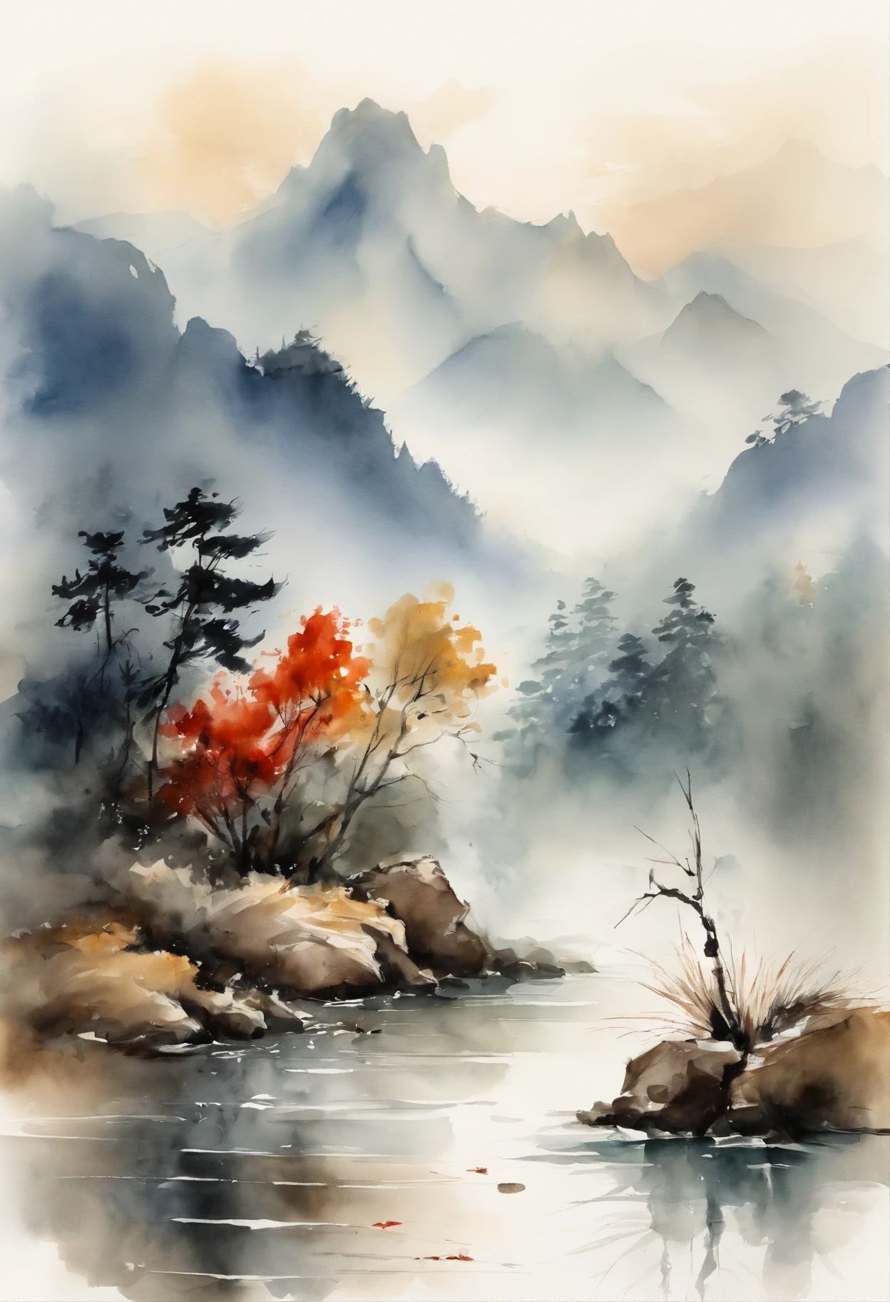 scenecy，Chinese ink painting style，serene river，Old fisherman on the shore，Mountains loom in the distance，Foggy。