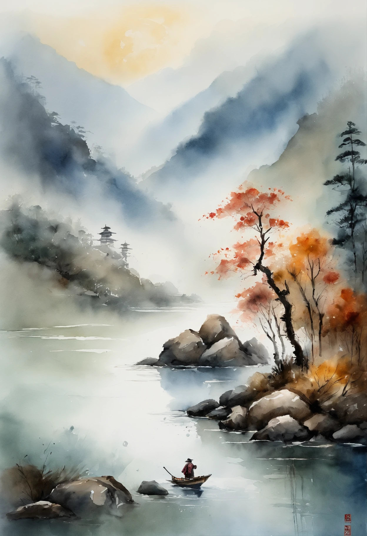 scenecy,Chinese ink painting style,serene river,Old fisherman on the shore,Mountains loom in the distance,Foggy。