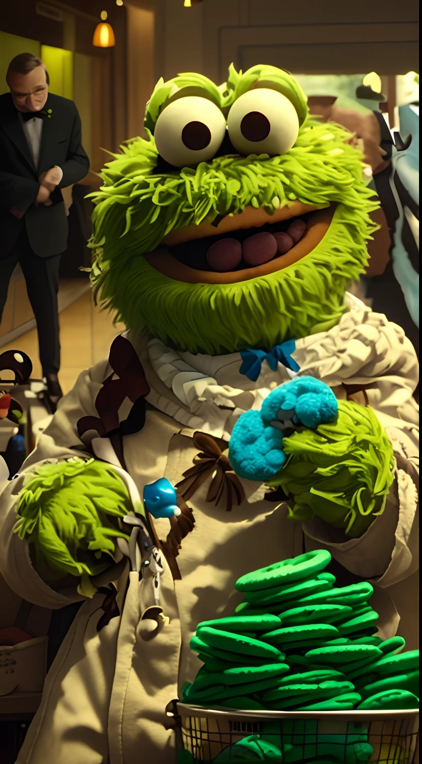 sesame the cookie monster is sitting in a basket with cookies, green Cookie Monster, green cookie monster as a bond villain, sesame street, mr. bean depicted as a muppet, as a muppet, jacksepticeye as a muppet, saul goodman as a muppet, cookies, therookies, ❤🔥🍄🌪, lionel messi as a muppet