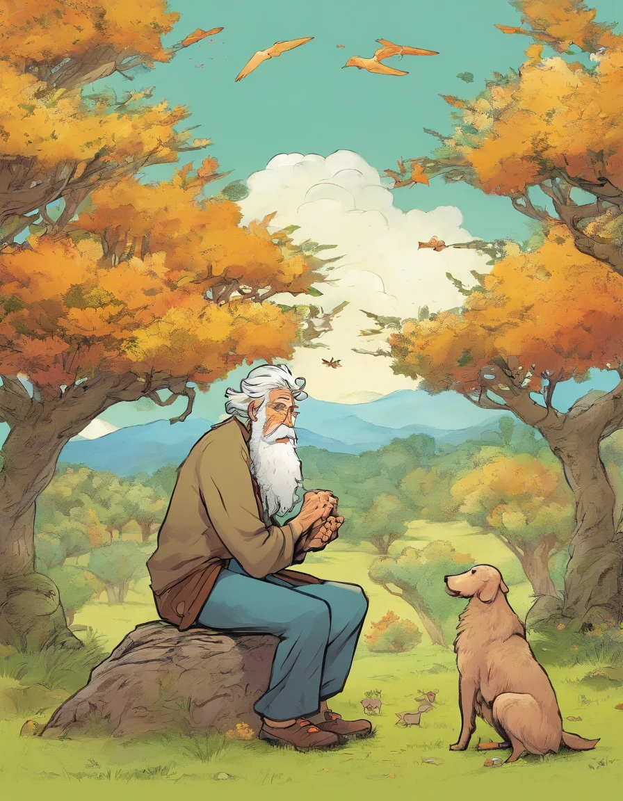 old man shepherd under the tree with emotions in studio Ghibli style