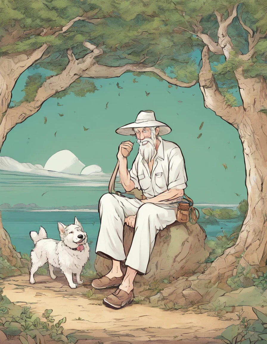 old man shepherd under the tree with emotions in studio Ghibli style