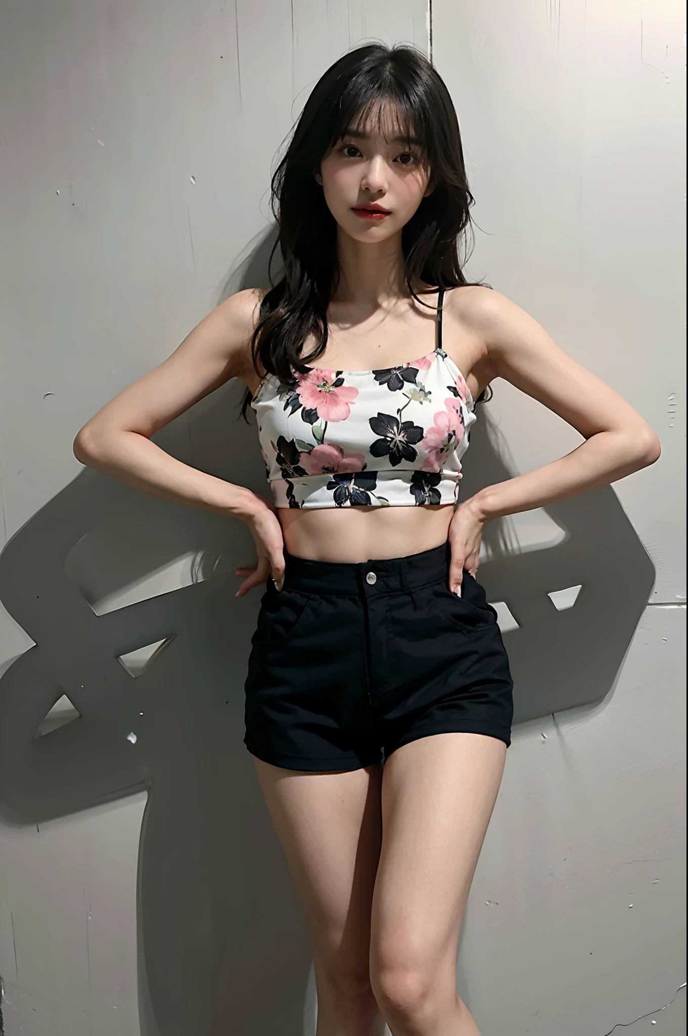 arafed asian woman in a floral top and black shorts posing for a picture, a pastel inspired by Kim Jeong-hui, tumblr, realism, wearing two - piece swimsuit, beautiful asian girl, asian girl, attractive pose, is wearing a swimsuit, cutecore, with beautiful exotic, attractive girl, young and cute girl, young asian girl, korean girl, cute girl