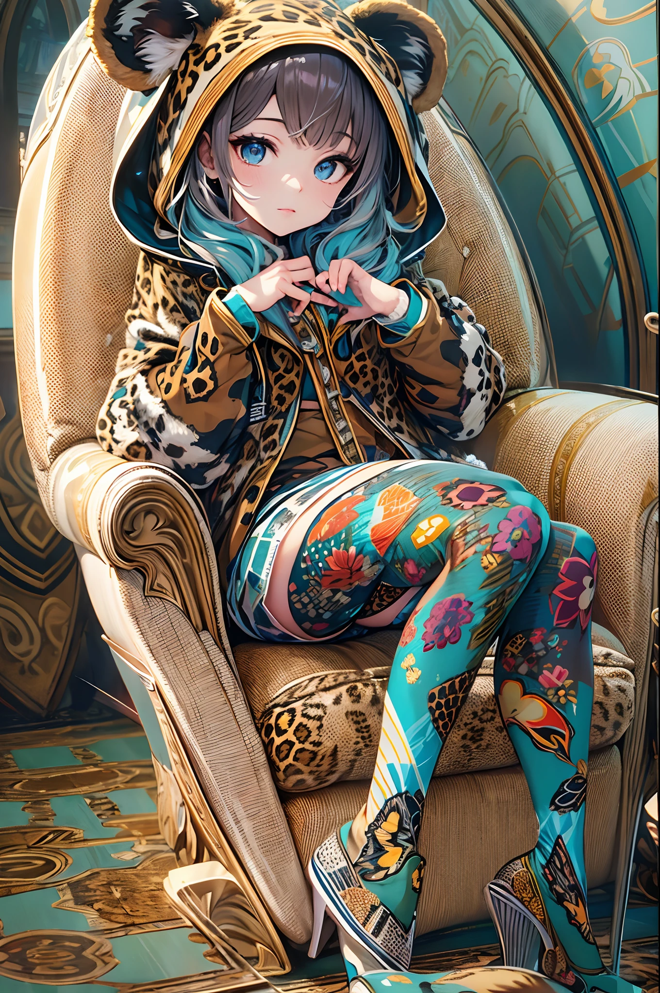 sharp focus, vibrant colors, surreal lighting, dreamlike atmosphere.(Best quality), (masterpiece:1.3), (photorealistic:1.36), (realistic), ultra-detailed, 1girl, solo, Kigurumi of 🐆. 🐆Patterned tights, leaning forward, Whipped thighs,