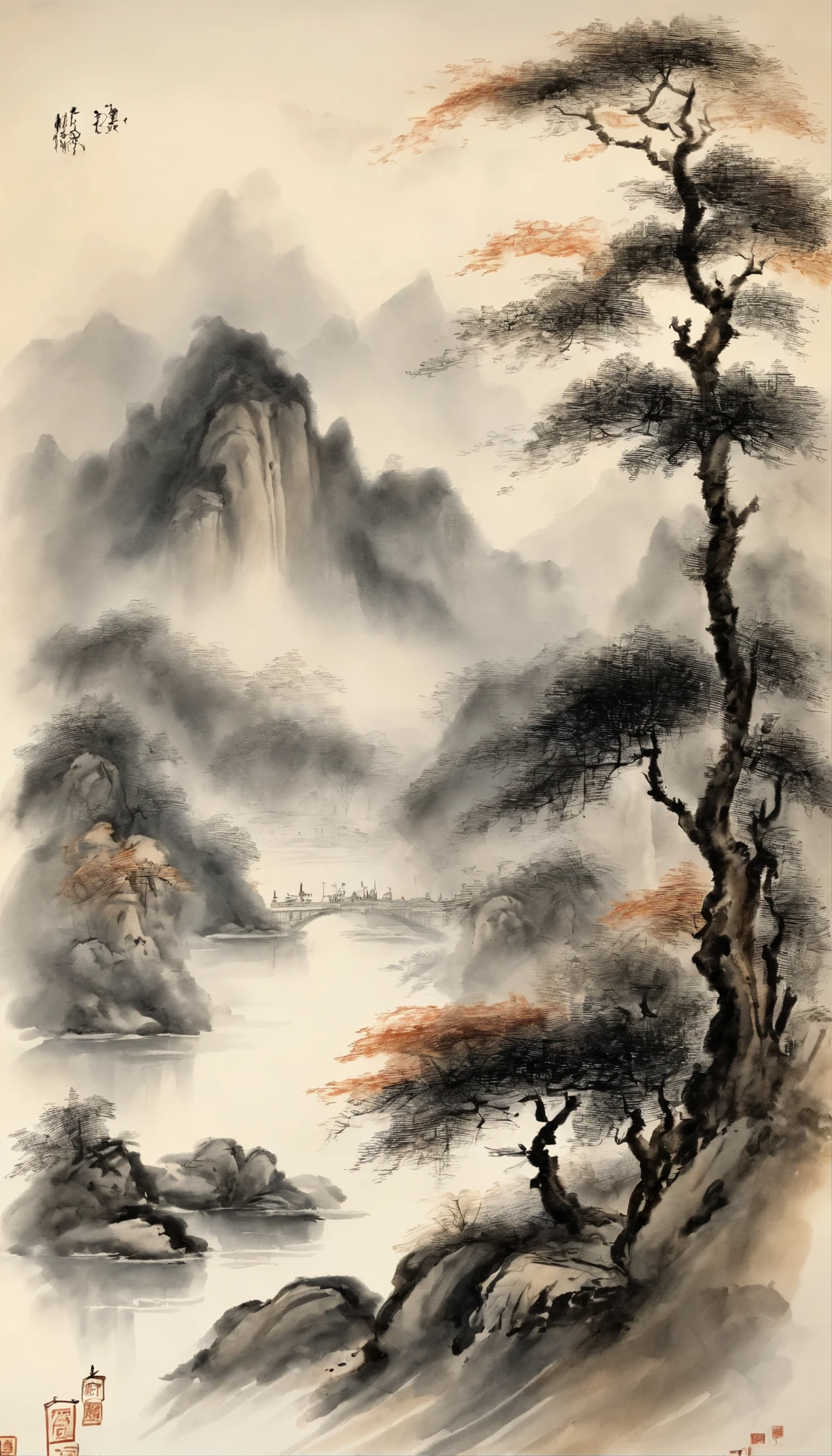 Chinese landscape painting,ink and watercolor painting,water ink,ink,Smudge,Meticulous,water ink,Smudge,Meticulous,Smudge,low-saturation,Low contrast,The light boat has crossed the Ten Thousand Heavy Mountains,Beautifully depicted,A detailed,acurate,Works of masters,tmasterpiece