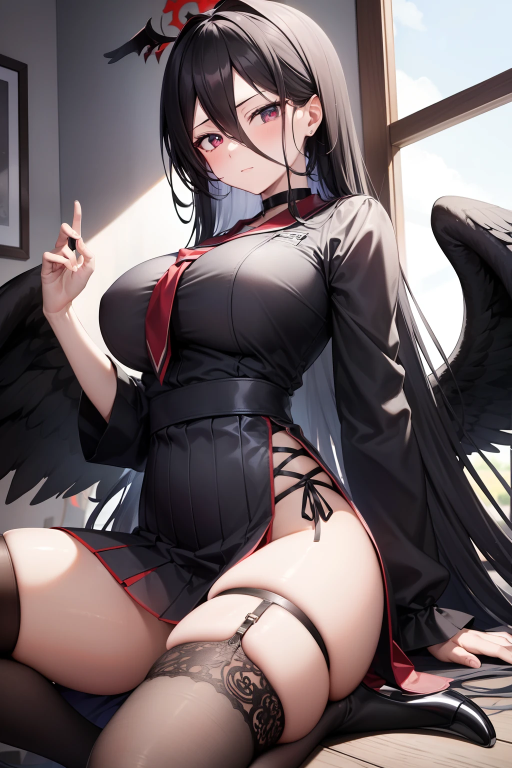 Blue Archive Hasumi, hasumi, Black hair, hair between eye, Long hair, (Red Eyes:1.5), Wings, Black wings, low wings, Feathered wings, (large full breasts:1.2),Blake Black Choker、(Black Serafuk:1.5)、Black skirt、Black Niso、garter strap、long-sleeve、pleatedskirt、student clothes、(serafuku)、side slits、skirt by the、thigh-high socks、BREAK looking at viewer, Break indoors, crass room,BREAK (masutepiece:1.2), Best Quality, High resolution, Unity 8k壁纸, (Illustration:0.8), (Beautiful detailed eyes:1.6), extra detailed face, Perfect Lighting, extremely details CG, (Perfect hands, Perfect ???????),