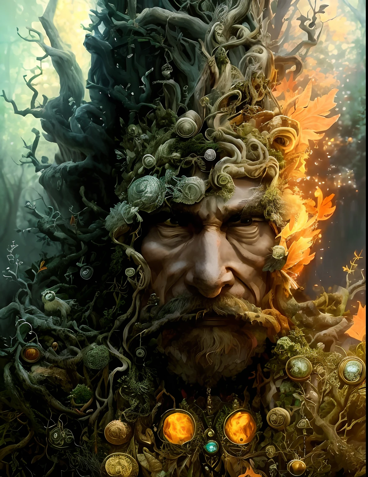 King of the Forest、Tree Spirit、old roots and leaves are entangled,、masterpiece、hightquality