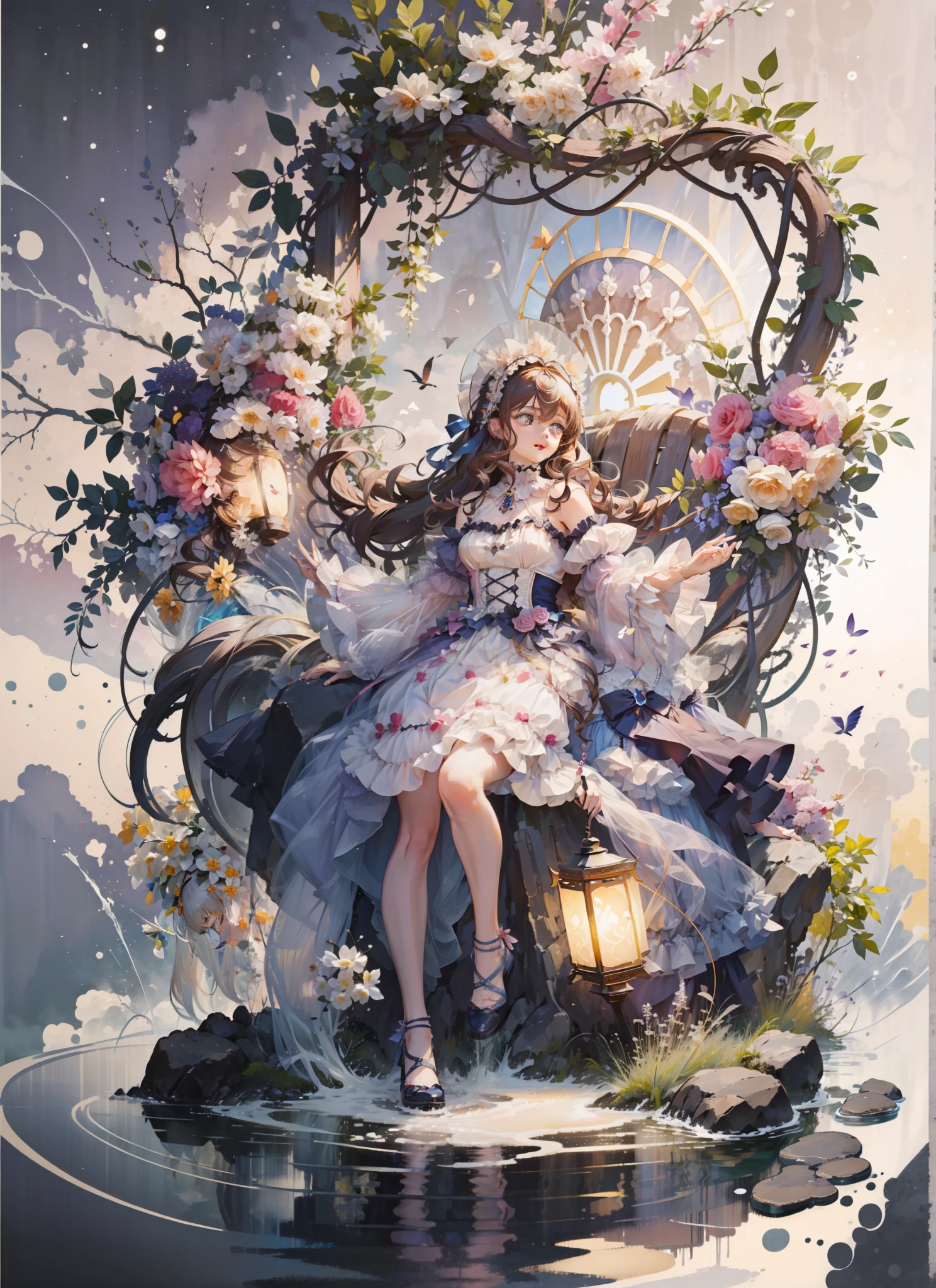(Extremely delicate and beautiful:1.5),1girll, standing on your feet,full bodyesbian,Sweet face,Light smile,By bangs, Gemstone eyes, Contre-Jour,Long curly hair, ta dress, brown hair, Keep one's mouth shut, seen from the side, Lanterns, light particules, longer sleeves, looking at viewert,pink bows,独奏