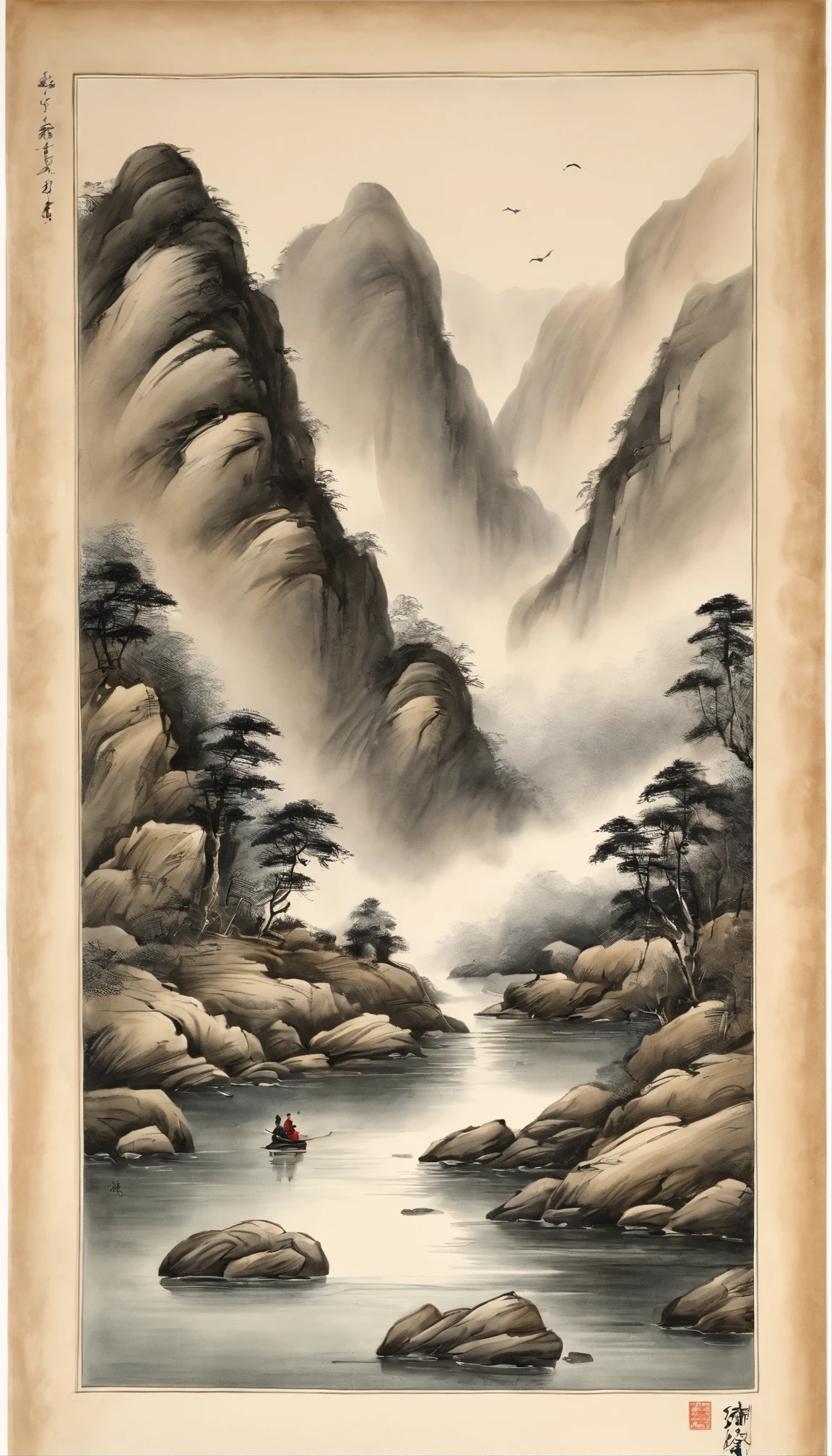 Chinese landscape painting,ink and watercolor painting,water ink,ink,Smudge,Faraway view,Ultra-wide viewing angle,Meticulous,Fishing boat vistas,Meticulous,Smudge,low-saturation,Low contrast,Fishing alone in the cold river snow,snow landscape,Beautifully depicted,A detailed,acurate,Works of masters,tmasterpiece