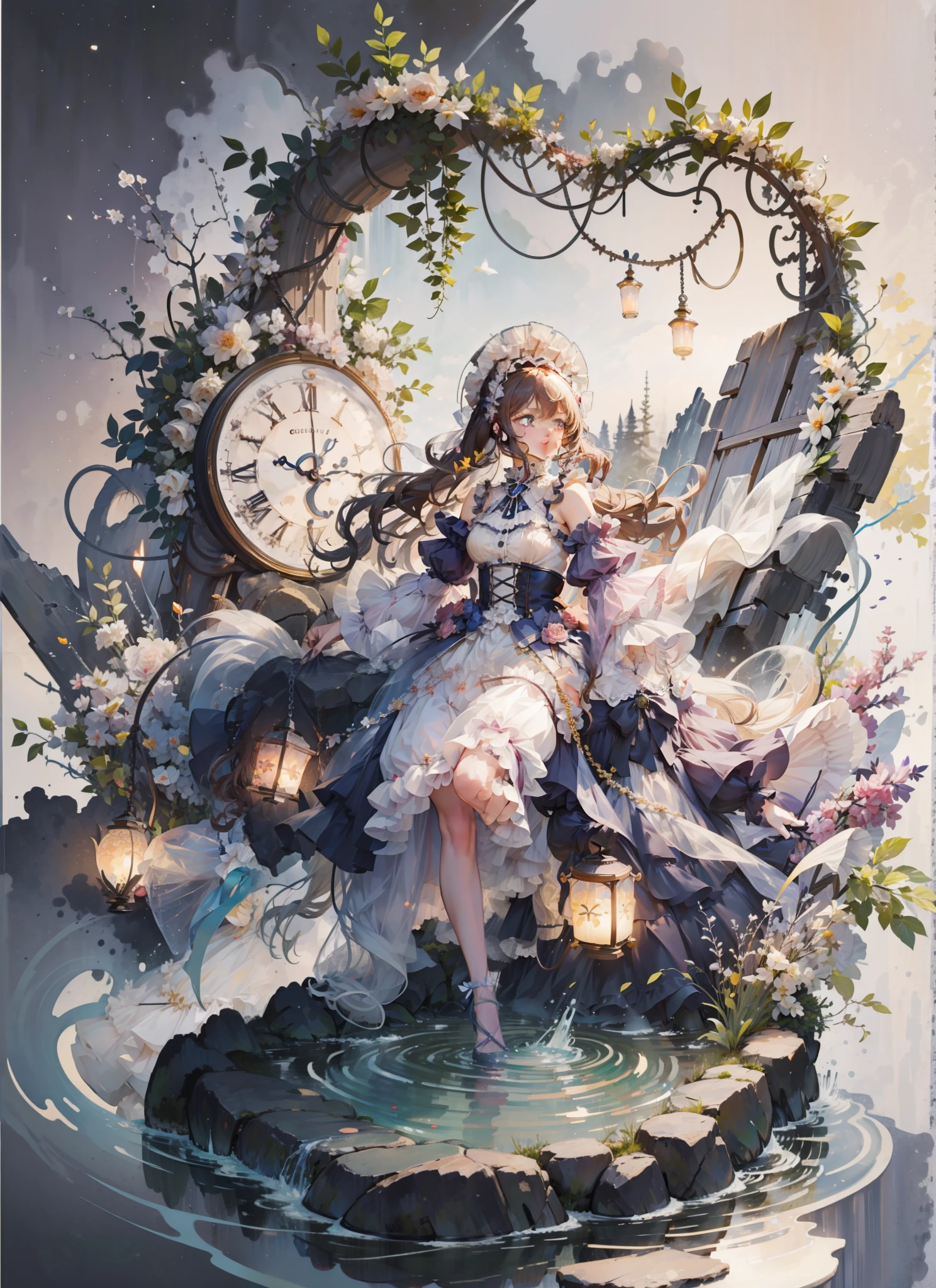 (Extremely delicate and beautiful:1.5),1girll, standing on your feet,full bodyesbian,Sweet face,Light smile,By bangs, Gemstone eyes, Contre-Jour,Long curly hair, ta dress, brown hair, Keep one's mouth shut, seen from the side, Lanterns, light particules, longer sleeves, looking at viewert,pink bows,独奏