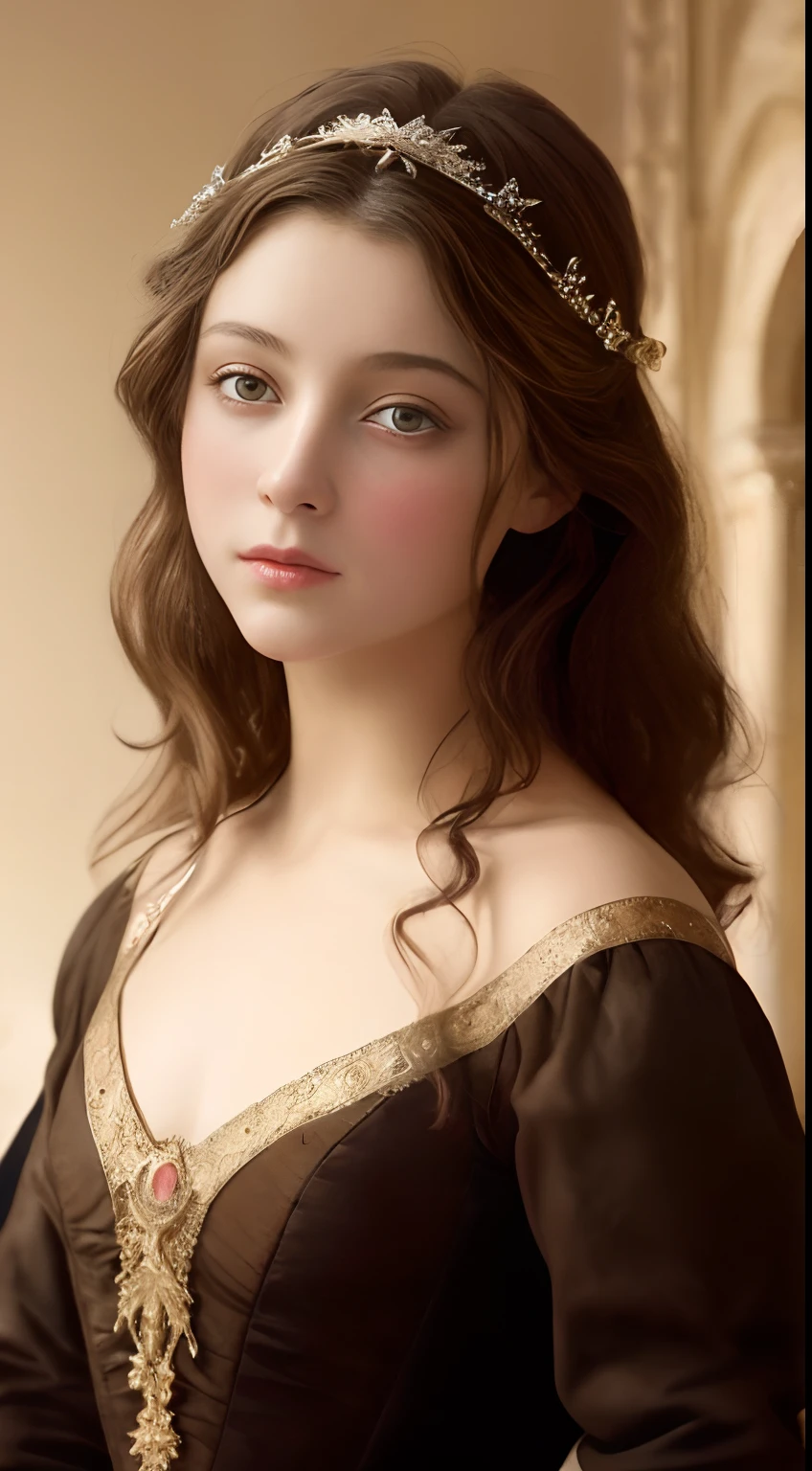 Medieval European painting、Ladies of the Belle Époque era、1girl in、A beautiful age girl with、very small chest、Short wavy brown hair、portraitures、an oil painting、Modern and realistic proportions、Intricate and intricate details、foco nítido