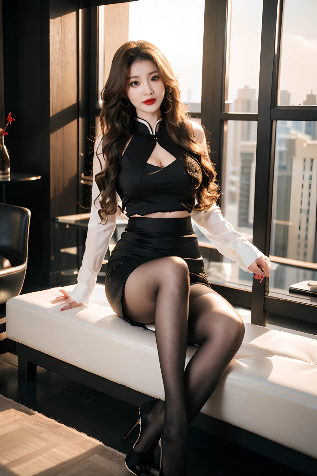 Wavy curly hair，Heavy makeup，Red lips，Cheongsam long skirt，Clear silk pantyhose，Black stiletto heels，mature，By bangs，In the glass room of a skyscraper，In the daytime，and the sun was shining brightly