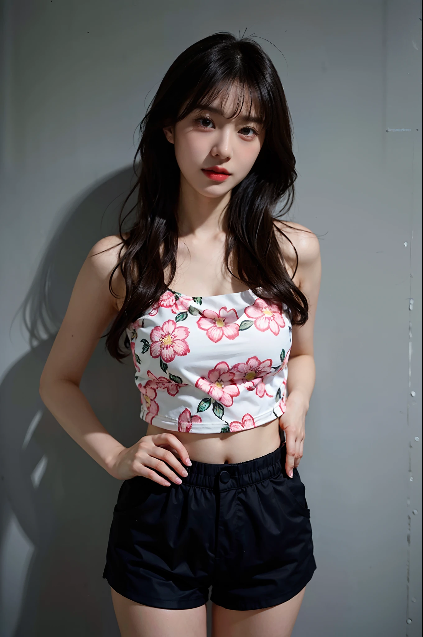 arafed asian woman in a floral top and black shorts posing for a picture, a pastel inspired by Kim Jeong-hui, tumblr, realism, wearing two - piece swimsuit, beautiful asian girl, asian girl, attractive pose, is wearing a swimsuit, cutecore, with beautiful exotic, attractive girl, young and cute girl, young asian girl, korean girl, cute girl