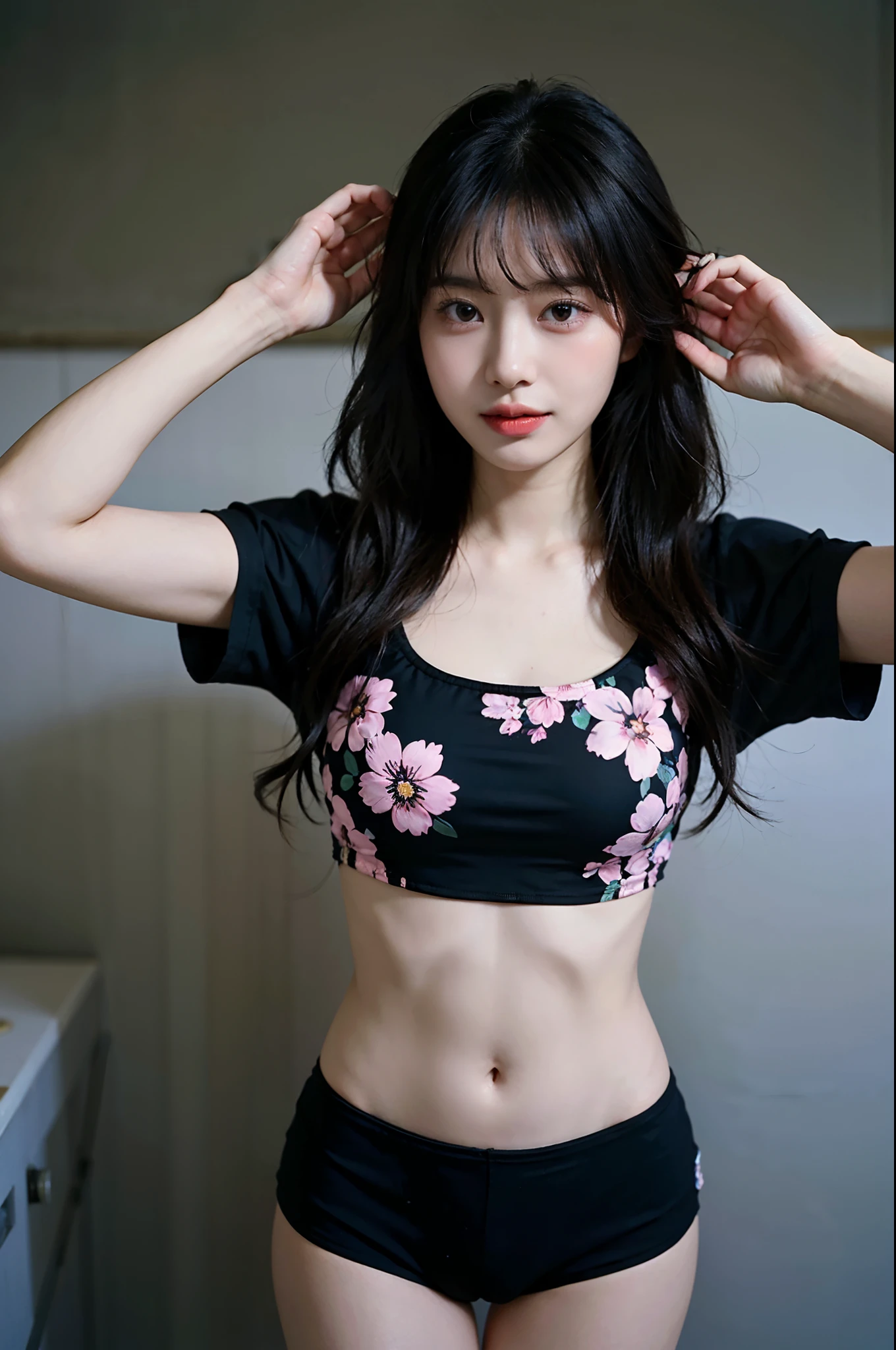 arafed asian woman in a floral top and black shorts posing for a picture, a pastel inspired by Kim Jeong-hui, tumblr, realism, wearing two - piece swimsuit, beautiful asian girl, asian girl, attractive pose, is wearing a swimsuit, cutecore, with beautiful exotic, attractive girl, young and cute girl, young asian girl, korean girl, cute girl