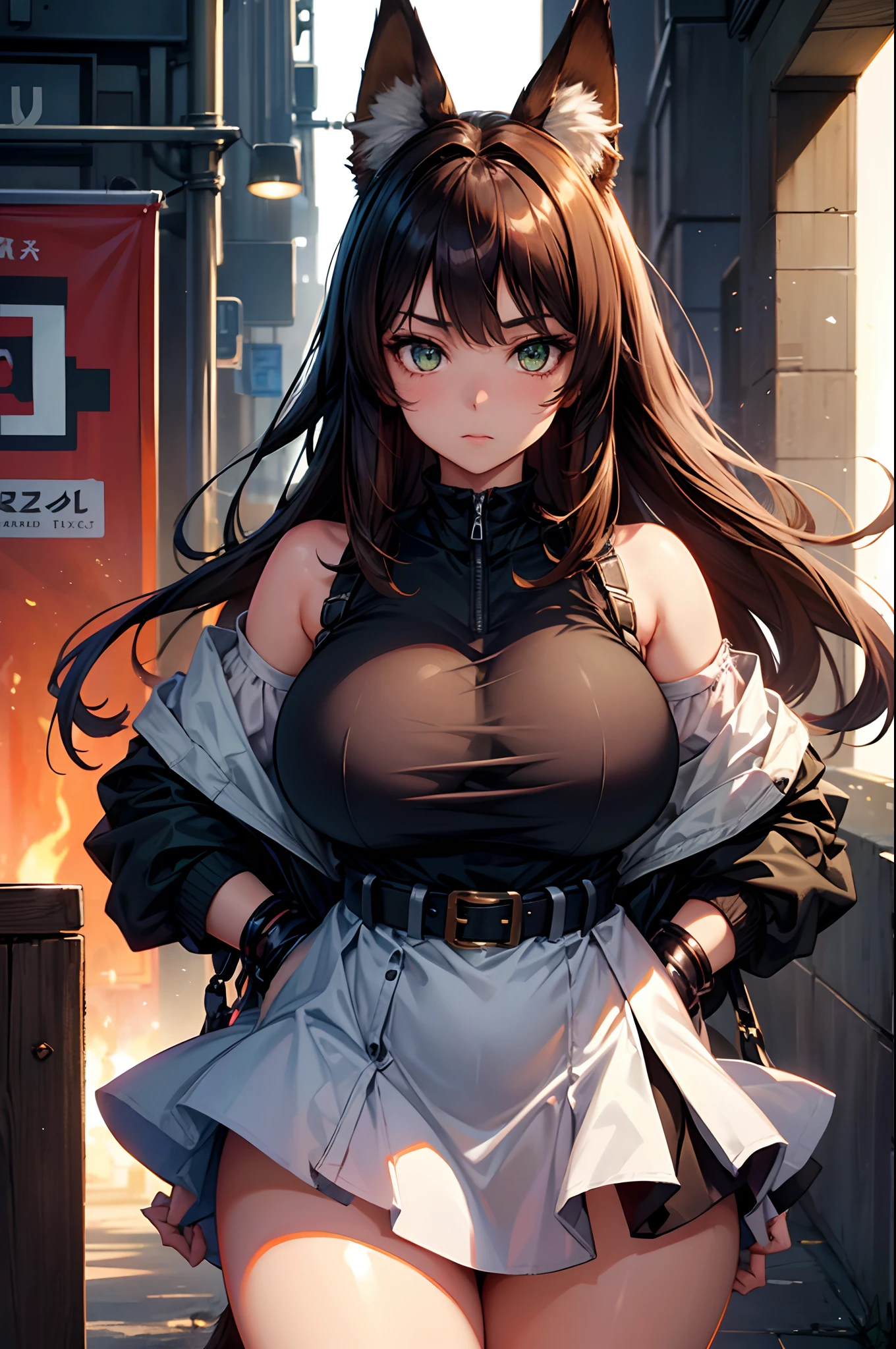 1girl, fox girl, fox ears, fox tail, dark brown hair, green eyes, sexy, mommy, thick thighs, enormous breasts, hard , sfw, dress, mature woman,