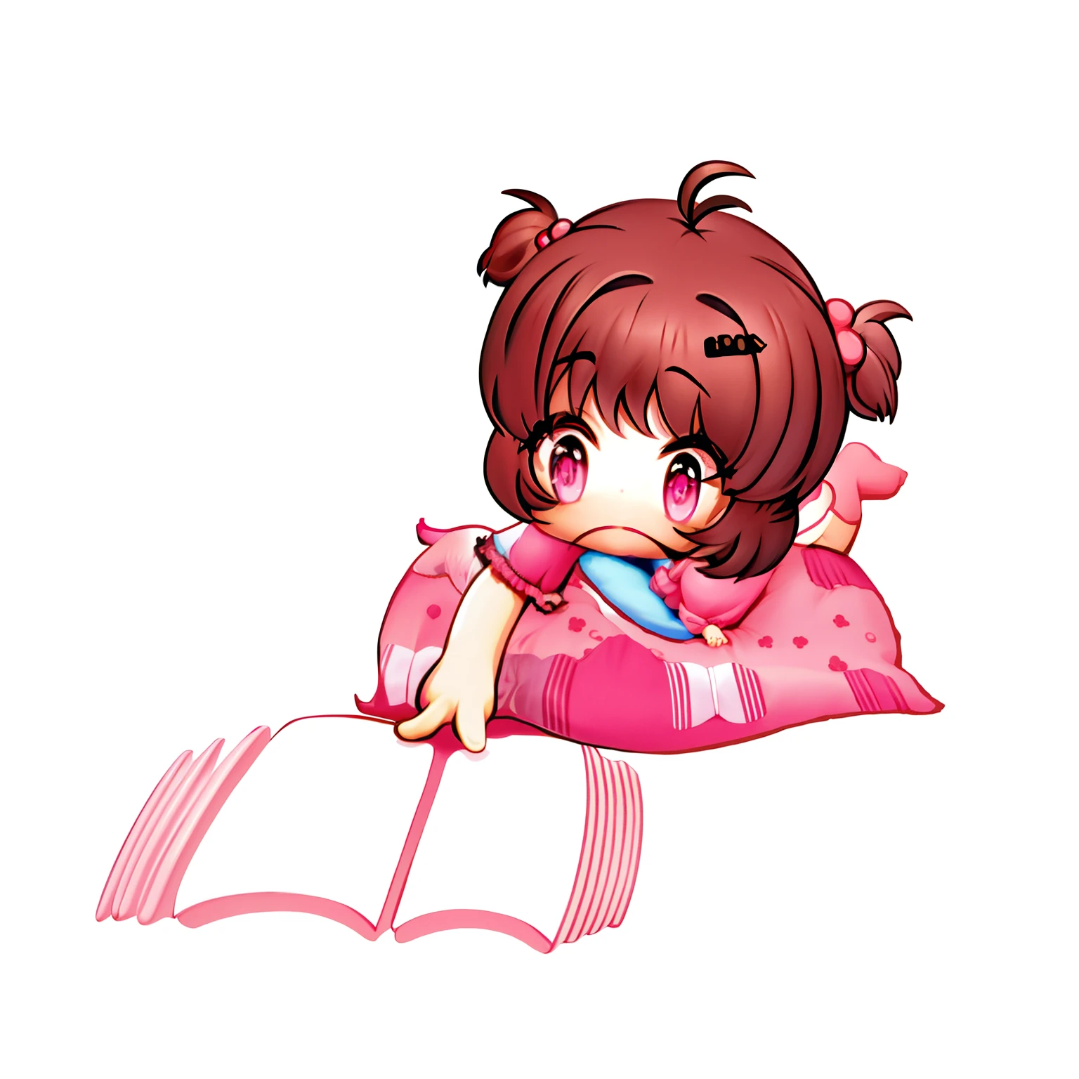 Blind box toy style,Bubble Mart style,A cute little girl with short hair,Dark brown hair,lie on pillows,Keep your feet up,Wear pink lace,One finger points to the open book