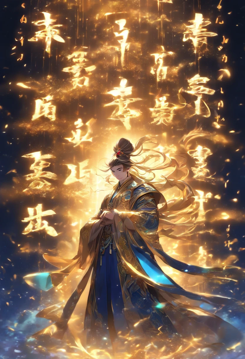 An ancient Chinese scholar，(Book in hand:1.5)，(Transparent glowing golden Chinese characters hovered in midair:2)，Vertical text，glittery，(Scholar in blue robes:1.5)，Long flowing hair flutters in the wind，brunette color hair，16k, hyper HD, high resolution, Very detailed, Best image quality,(dynamicposes:1.5)，(20 columns of Chinese characters:2)，arranged in an orderly fashion